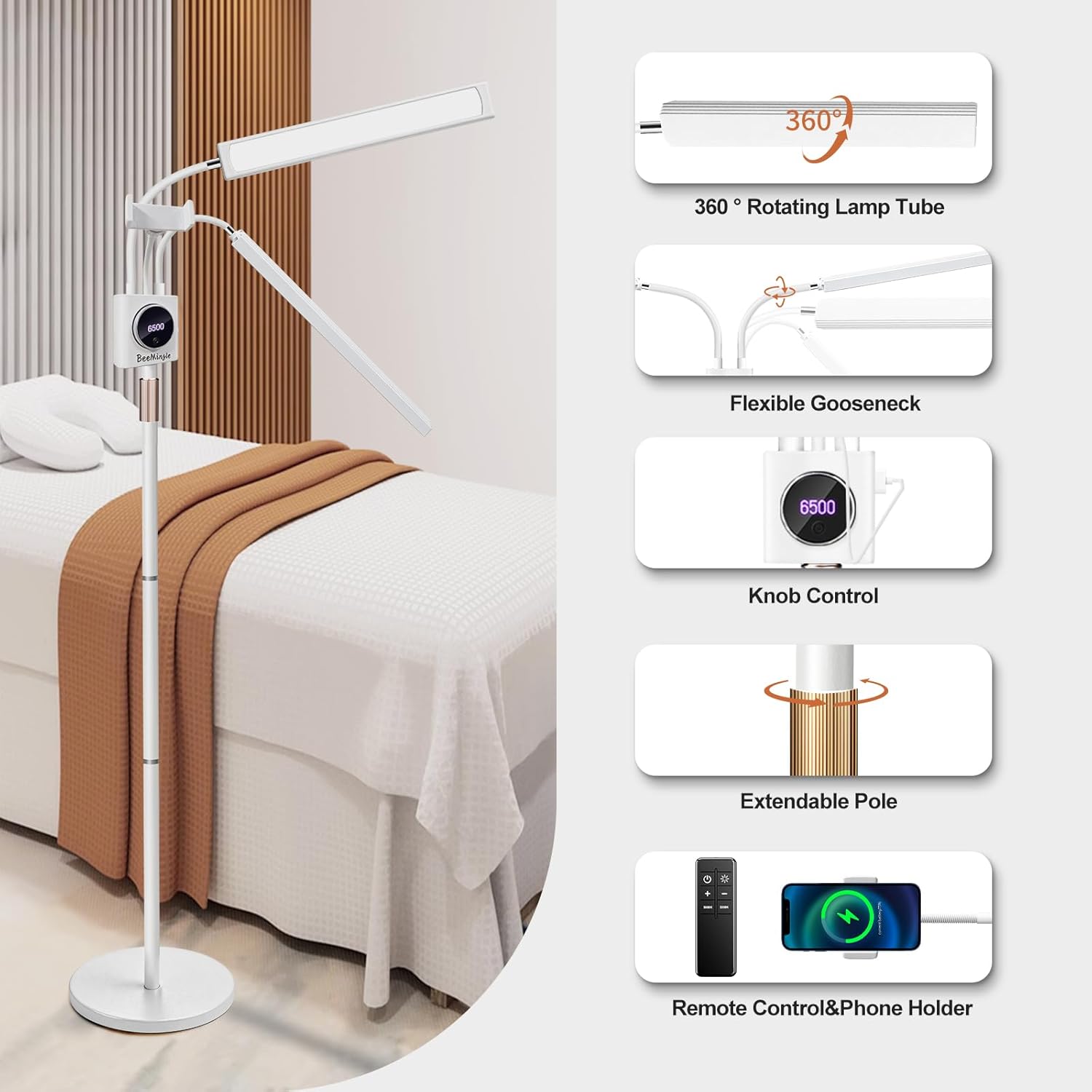 Lash Light for Eyelash Extension LED Floor Lamp with 3 Color Temperature, Lash Lamp Esthetician Light for Tattoos, Nail, Photograph, Adjustable Brightness Height with Phone Holder (White)