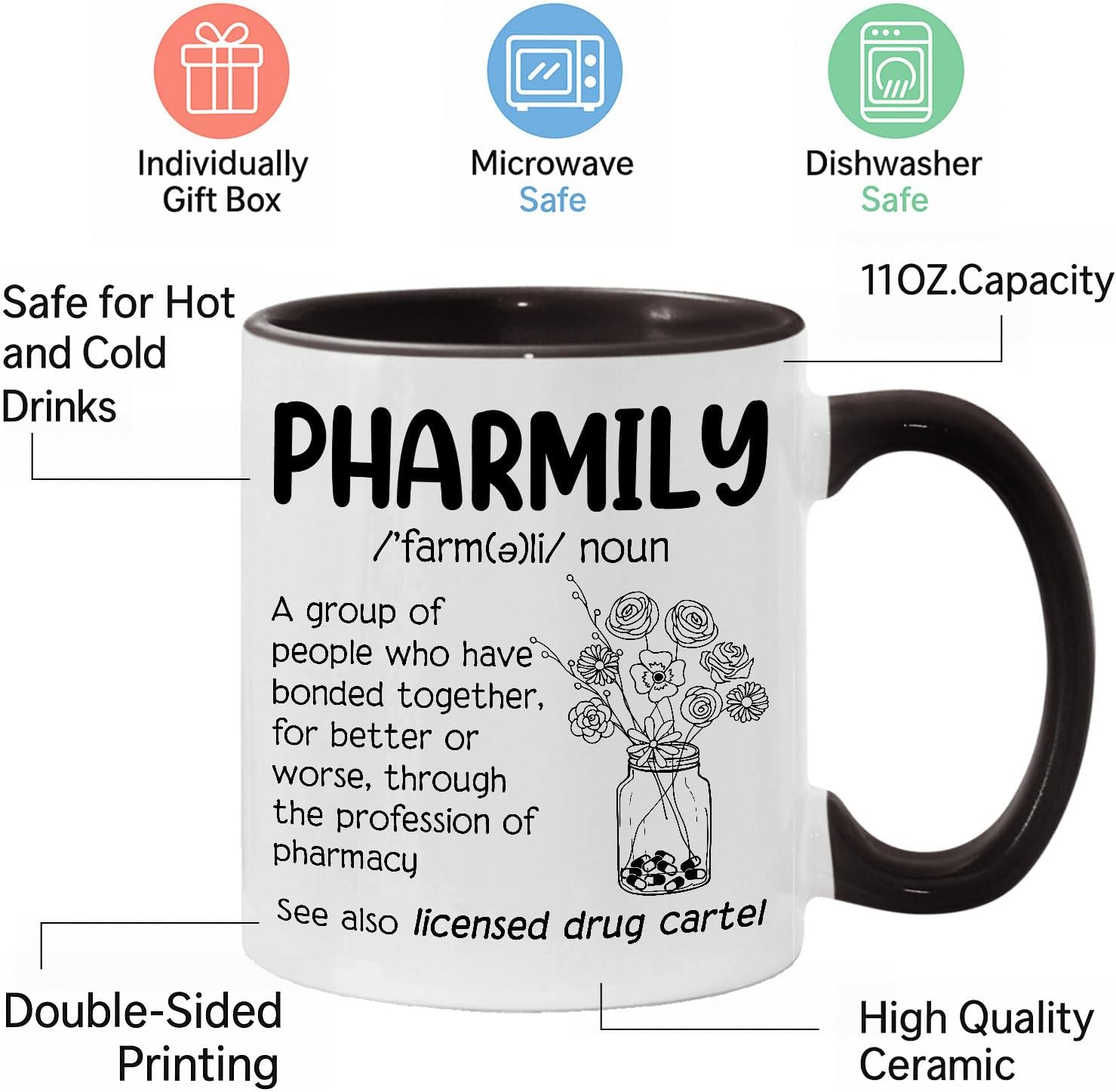 Pharmily Coffee Mug with Ceramic Coaster, Pharmacy Technician Accessories for Women, Pharmacy Tech Week Gifts For Employees Assistant Manager, Pharmacist Coffee Cup - Image 3