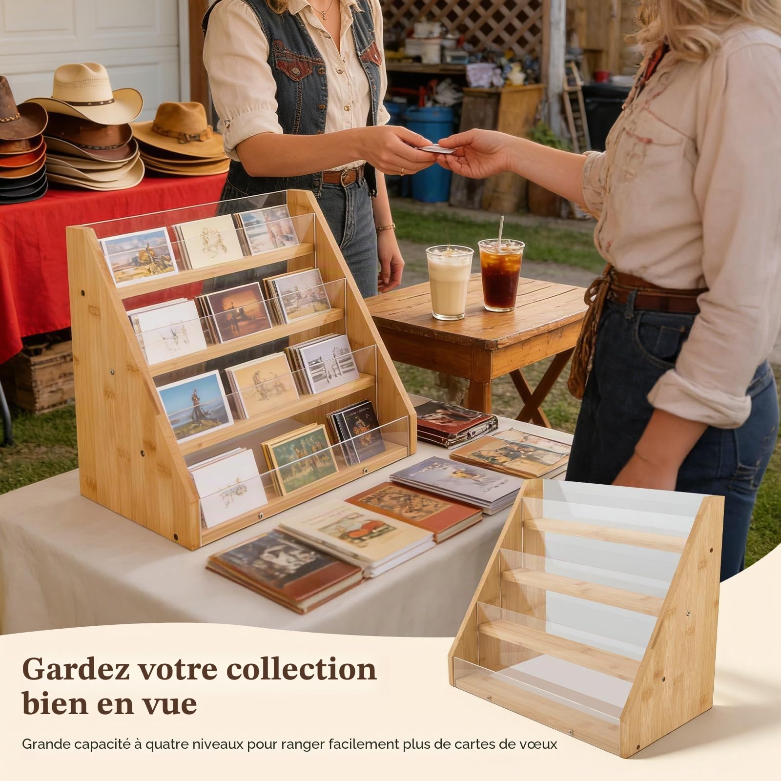 Présentoir à 4 Niveaux pour Cartes en Bambou et Acrylique, Support d'Exposition Portable avec Vitrine, Pour Étiquettes, Comptoir, Commerce de Détail, Bureau et Événements