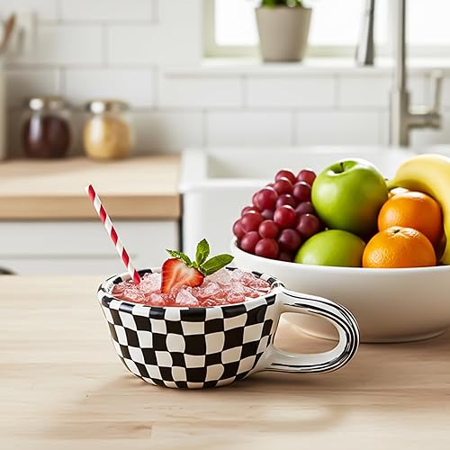 Miniatura 9 de Taza de café a cuadros de 5 onzas, 4 x 2 pulgadas, taza de té de tablero de ajedrez a cuadros de cerámica, irregular, alto valor, retro, creativa,