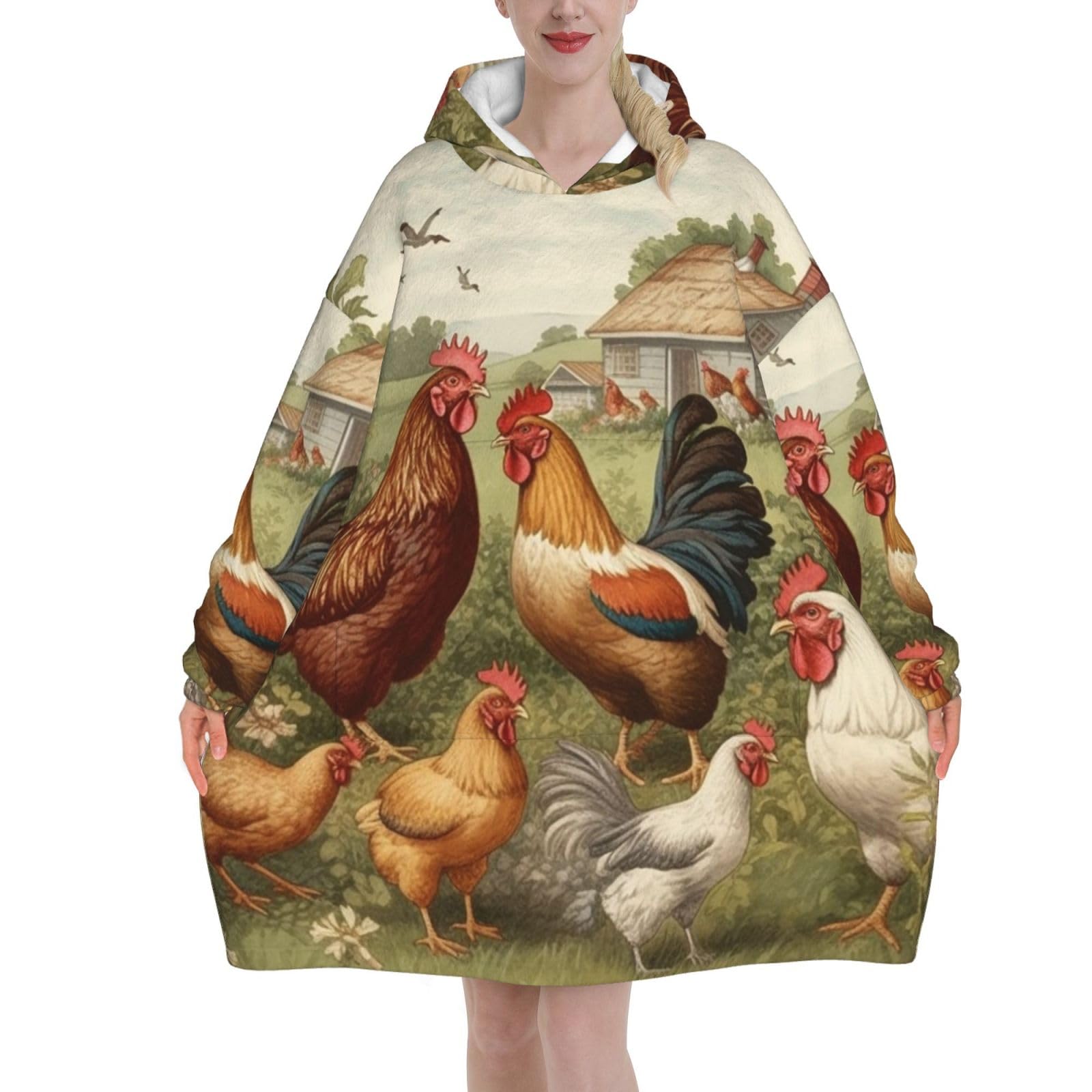LZQPOEAS Chickens and Farm Wearable Blanket Hoodie for Women Men 2023 Oversized Sweatshirt Fleece Hooded Blankets, Black, Normal