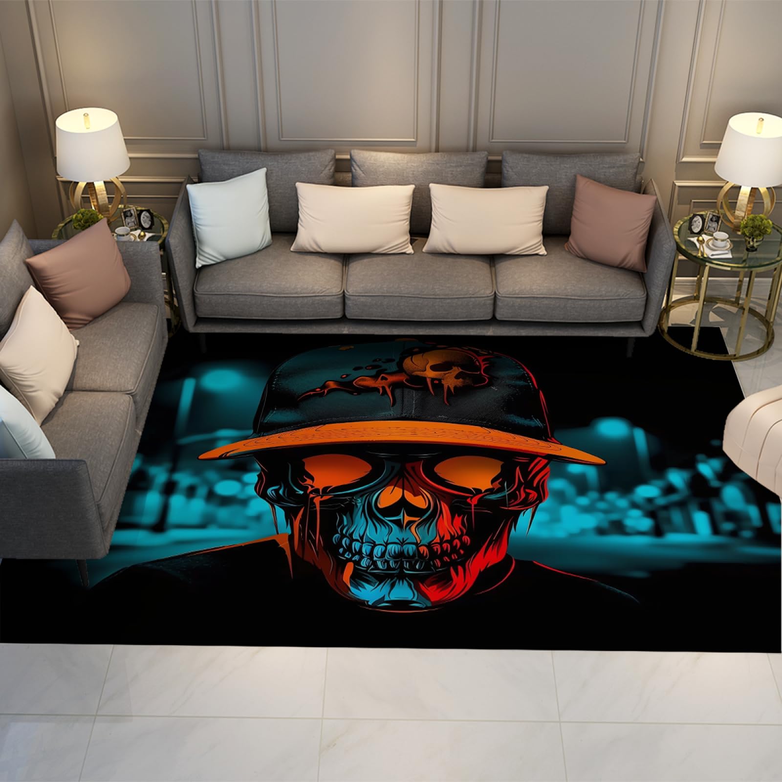 Tapis de sol 90x120cm crâne au chapeau pour un salon cosy et original