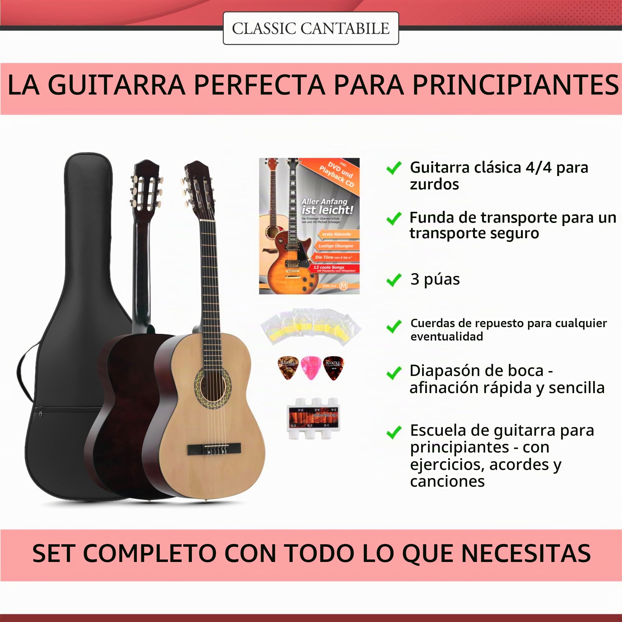 Classic Cantabile AS-851 guitarra de concierto 4/4 Set de principiante para zurdos
