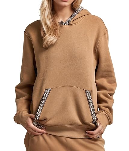 Womens Hoodies Pullover Fall Winter Casual Ribbed Trim Long Sleeve