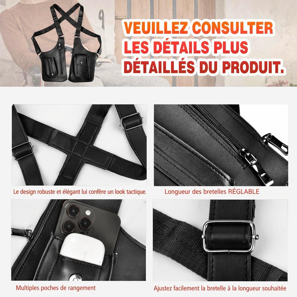 Générique Sac Bandoulière Double Homme, Sac De Harnais D'épaule, Harnais Antivol Cuir Homme,Sac à Bandoulière Double avec Réglable Étui Antivol pour Portefeuille et Téléphone