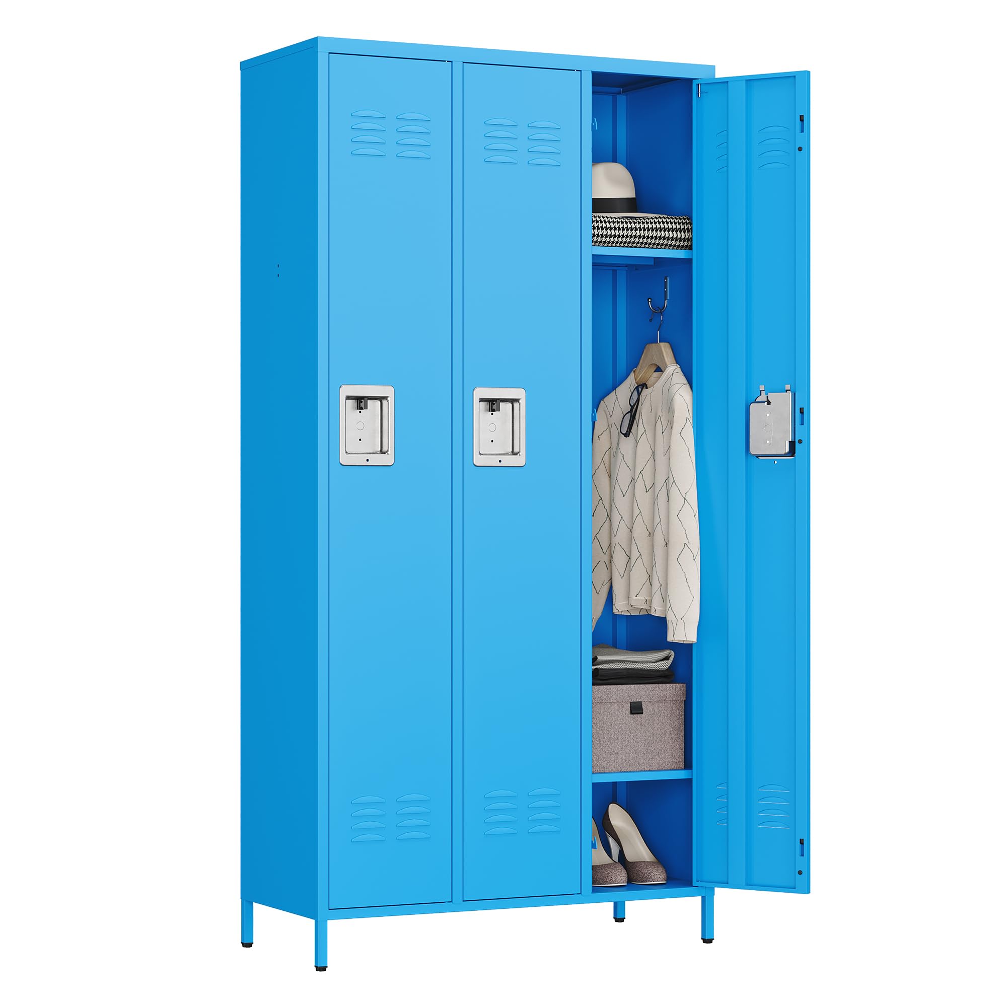 STANI Metal Lockers for Employees with Lock, 3 Doors Tall Steel Storage Locker with Shelves, Lockable Steel Cabinet for School Gym Office Garage (Blue, 3 Doors)
