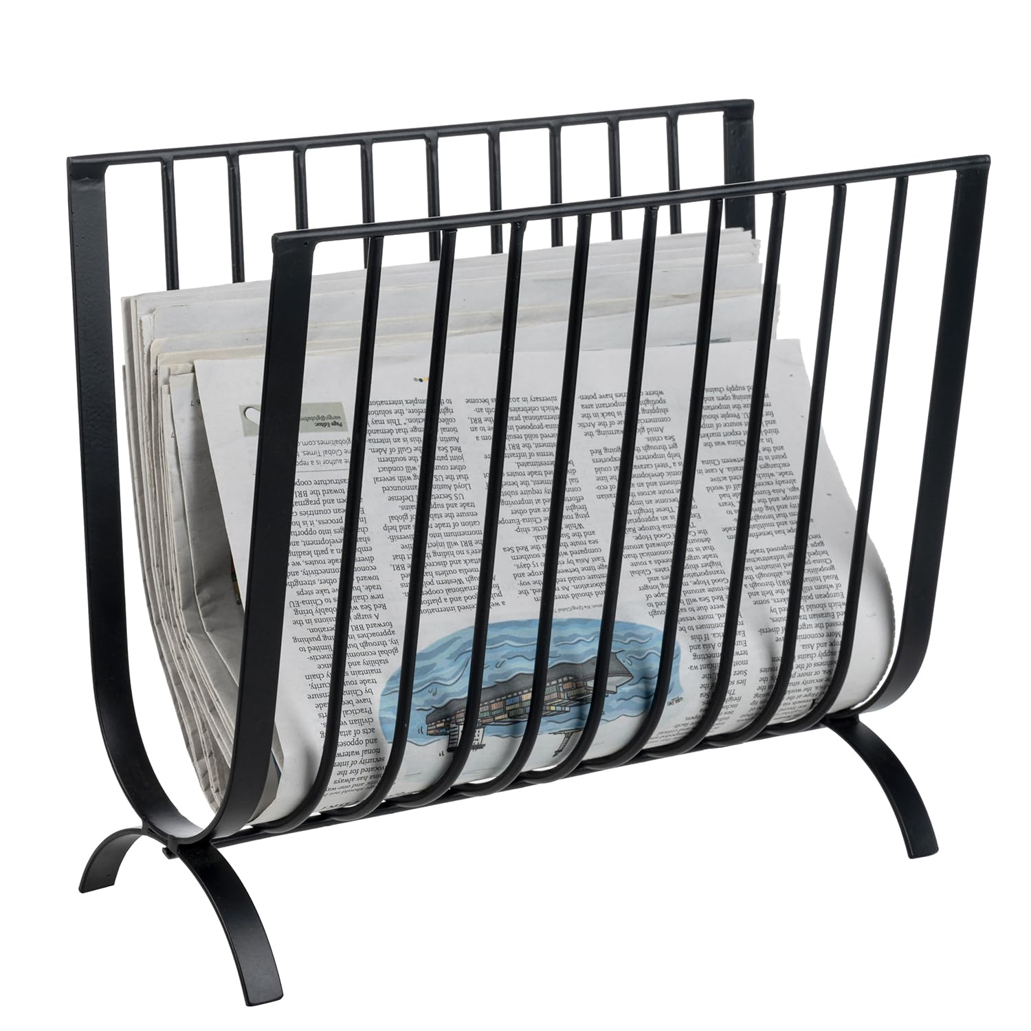 MyGift Matte Black Metal Magazine Rack, Deluxe Mid Century Wire Magazine Rack, Tabletop or Floor Standing Sling Basket for Magazines and Newspapers-image-0