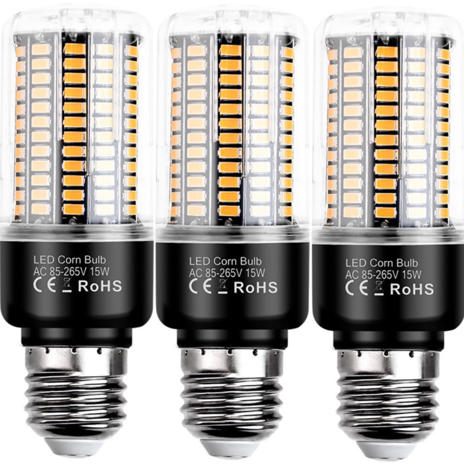 E27 led Bombilla 15W, 15W Equivalente a 150W halógeno, 3pcs led Bombillas, 150LM, AC85V-265V, ángulo de Haz de 360 ° para la iluminación del hogar(Warm White 3000k)