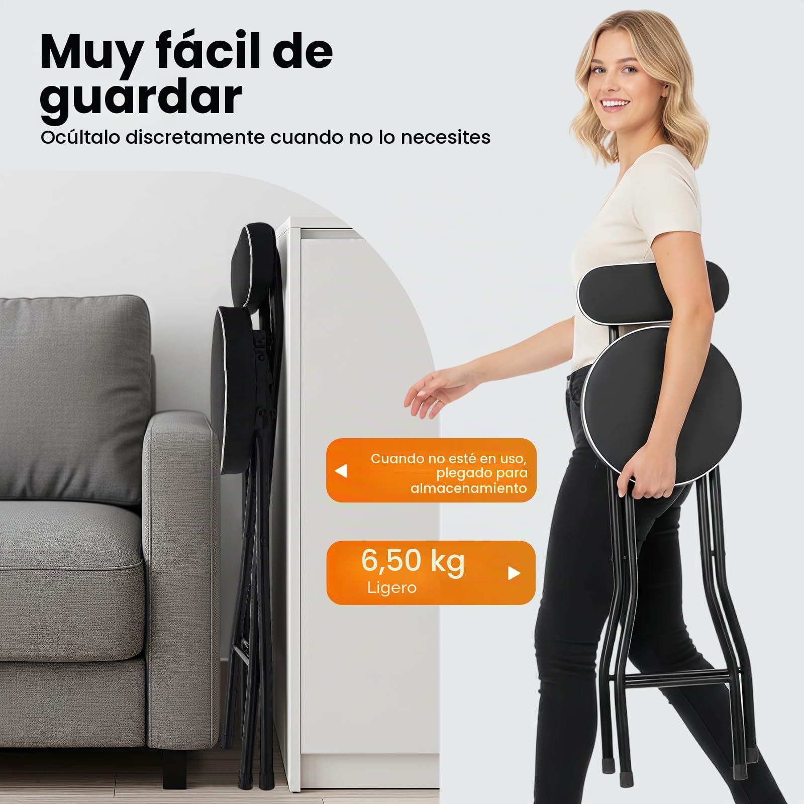 Juego de 2 taburetes de bar plegables con respaldo y cierre de seguridad, 65 cm de alto, para bar, mostrador y exterior