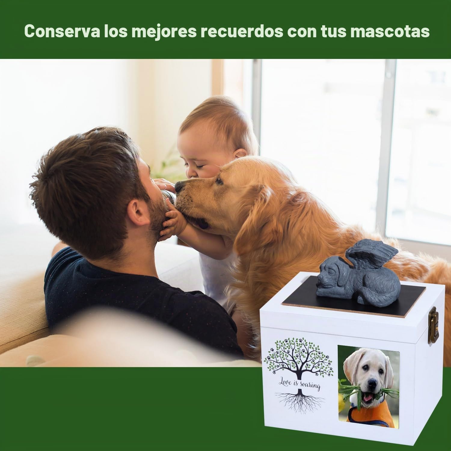 Urnas de cenizas de mascotas para perros o gatos, urnas de funeral de cremación de madera extragrandes con marco para fotos, caja conmemorativa de recuerdos con forro de franela negra, regalo