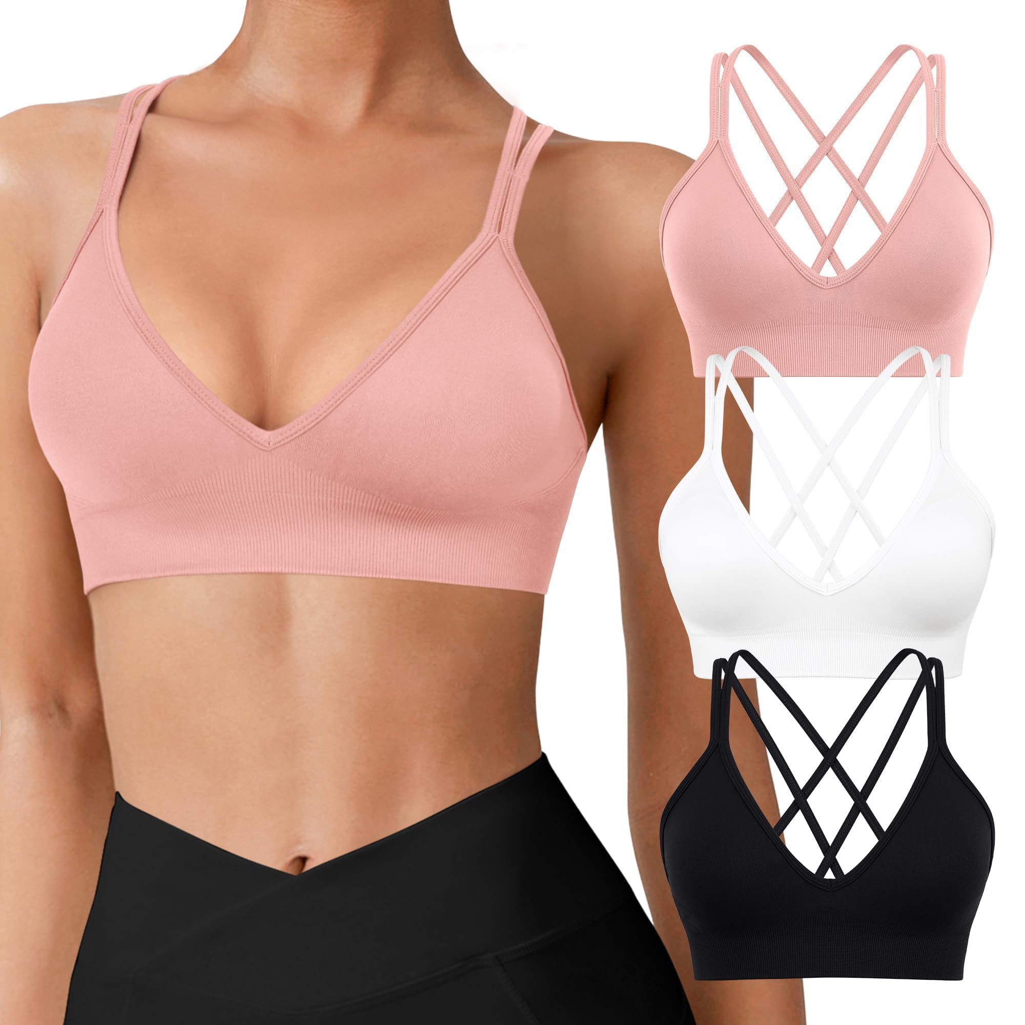 VEQKING Seamless V-Neck Cross Back Women Sports Bra for Small Chest, 3 Pack