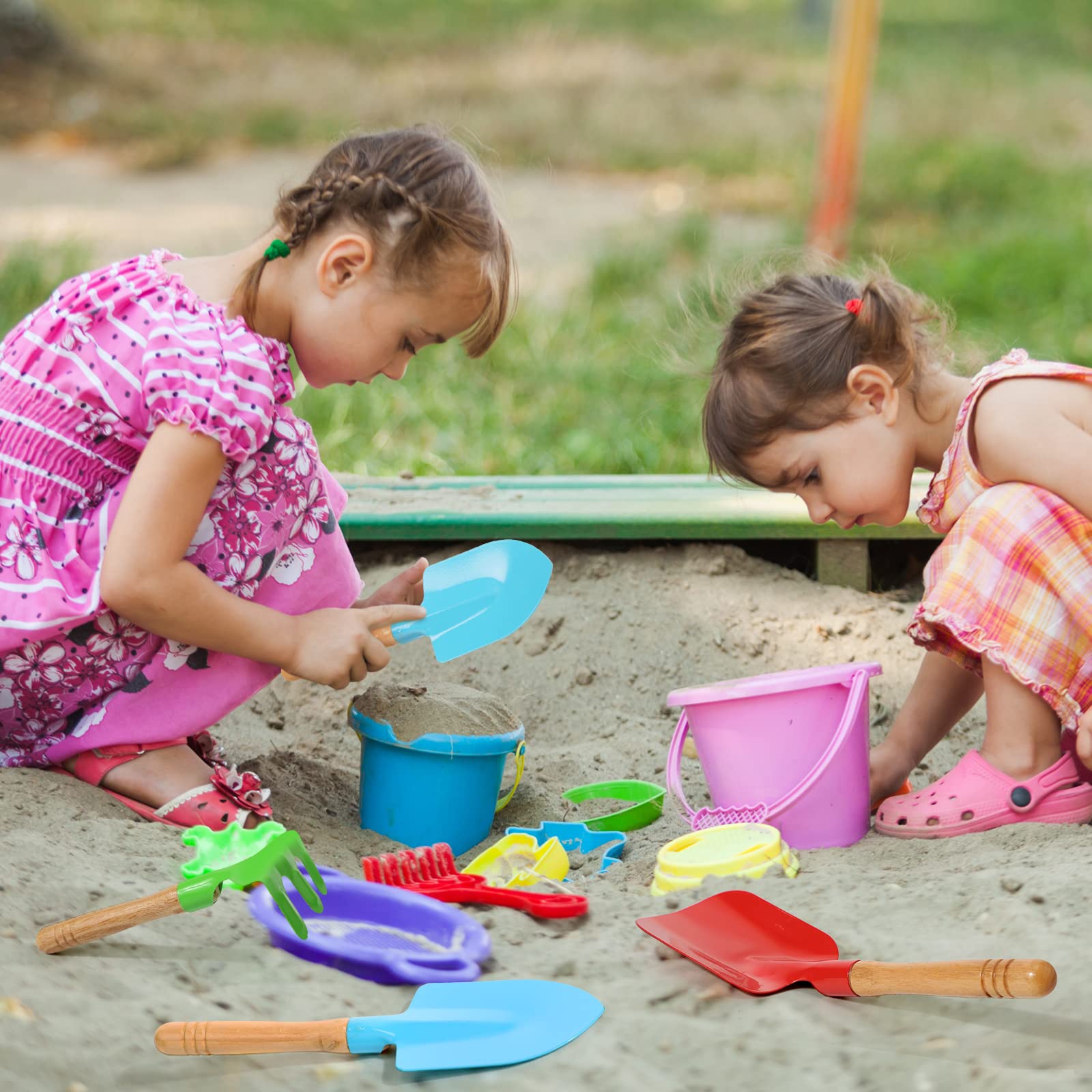 40 herramientas de jardinería para niños, 10 rastrillos de jardín, 10 palas de jardín, 10 paletas de jardín, 10 bolsas verdes, herramientas de jardín de metal con mango de madera, caja de 5