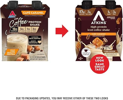 Vista 2 de Atkins Café Caramel - Batido de proteínas con sabor a café helado con caramelo, batido alto en proteínas, bajo glucémico, bajo en carbohidratos