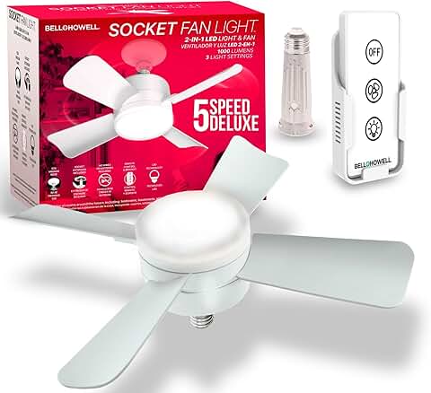 BellHowell Socket Breeze Light 5-Speed Deluxe LED  Ceiling Fans with Lights and Remote Control  For Bedroom, Kitchen, Living Room,1000 Lumens / 5000 Kelvins As Seen On TV