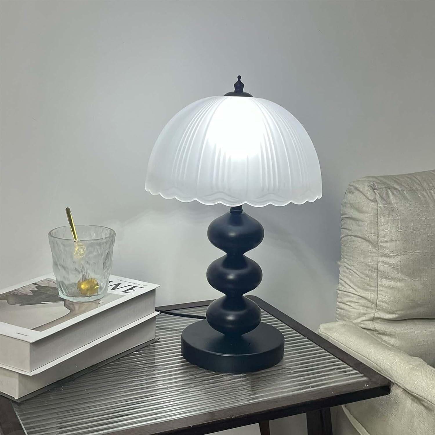 14" Metal Desk Lamp Vintage Frosted Glass Table Lamp,Mid Century Black Glass Flower Table Lamp with 3 Color Temps,for Bedroom, Study, Living Room