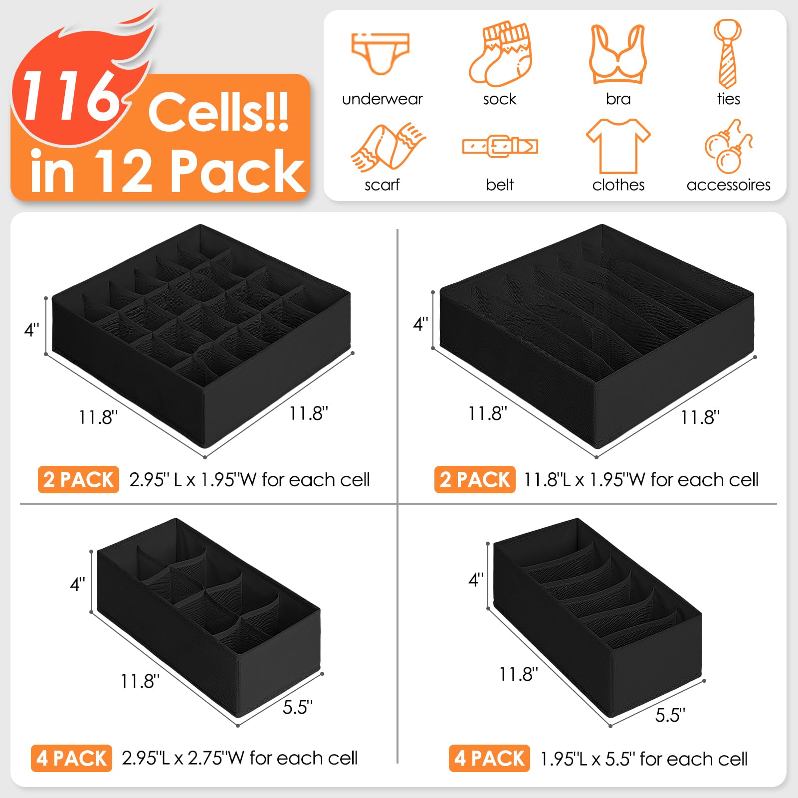12 Stück Schubladen-Organizer, 116 Fächer, Stoff, faltbare Kommode, Schubladen-Organizer für Kleidung, Schrank-Organizer und Aufbewahrungsbehälter für Kleidung, Weihnachtsdekoration,