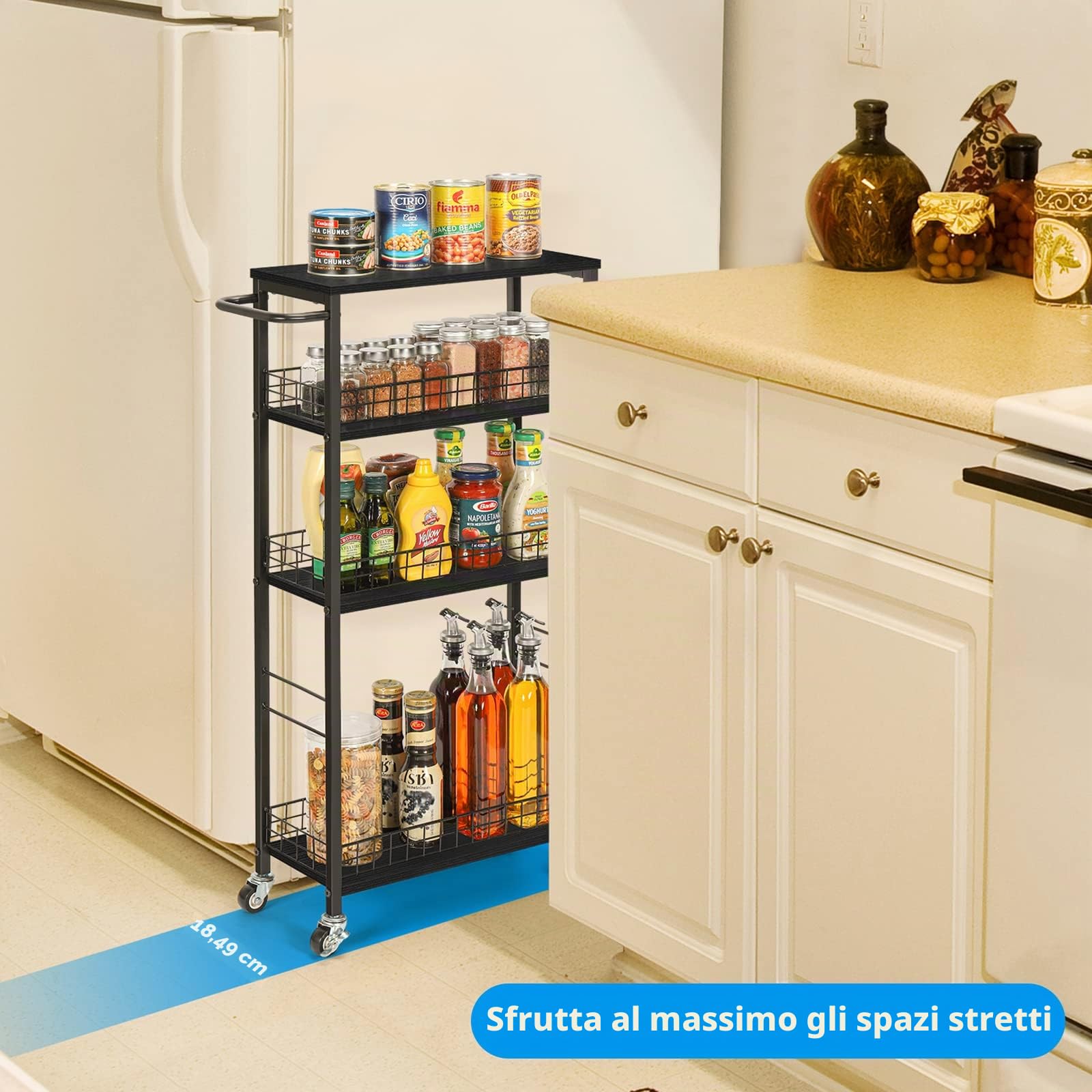 YBING Carrello portaoggetti sottile da cucina con ruote, 4 ripiani, mobile con manico in legno e metallo, scaffale estraibile, per cucina, soggiorno, piccoli spazi, nero