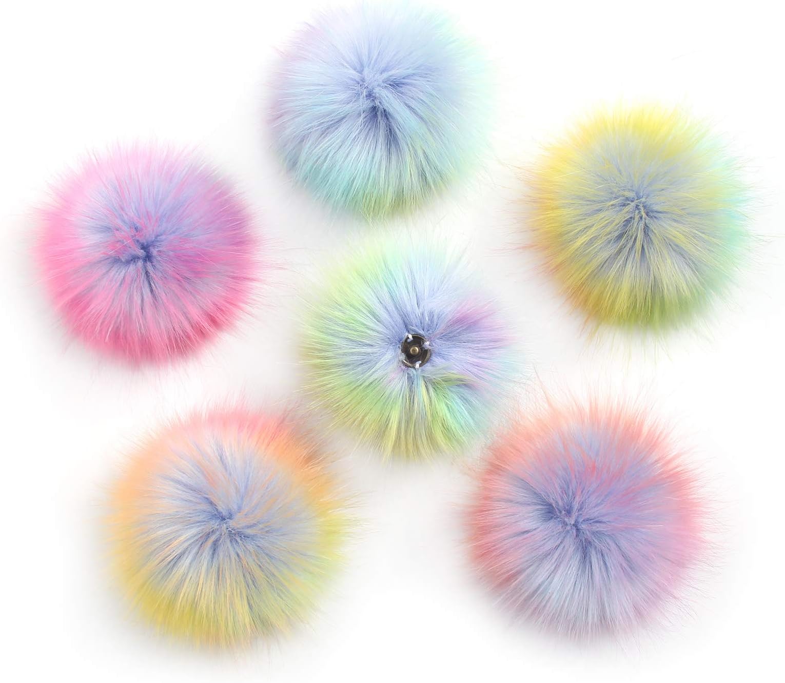 Pack of 6 Detachable Faux Fox Fur Pom Poms for Hats with Snap 4.3inch/11CM DIY Handmade Accessories(Rainbow)