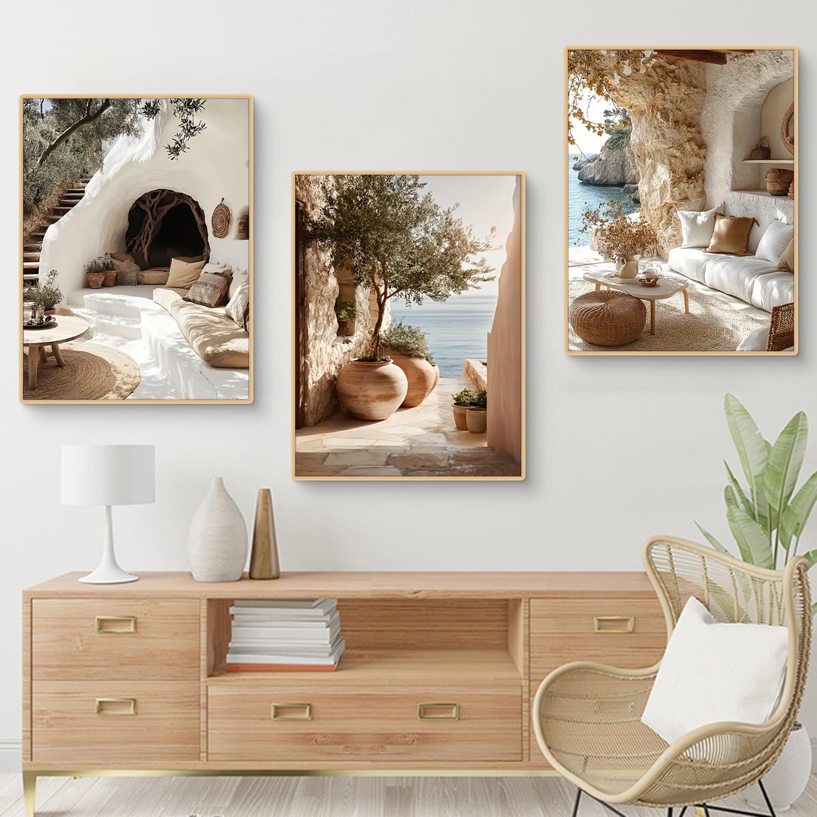 TROYSINC Lot de 3 affiches d'architecture méditerranéenne, vues esthétiques des îles grecques, maisons en pierre au bord de la mer, tableaux paysagers pour salon, décoration murale pour salon, sans