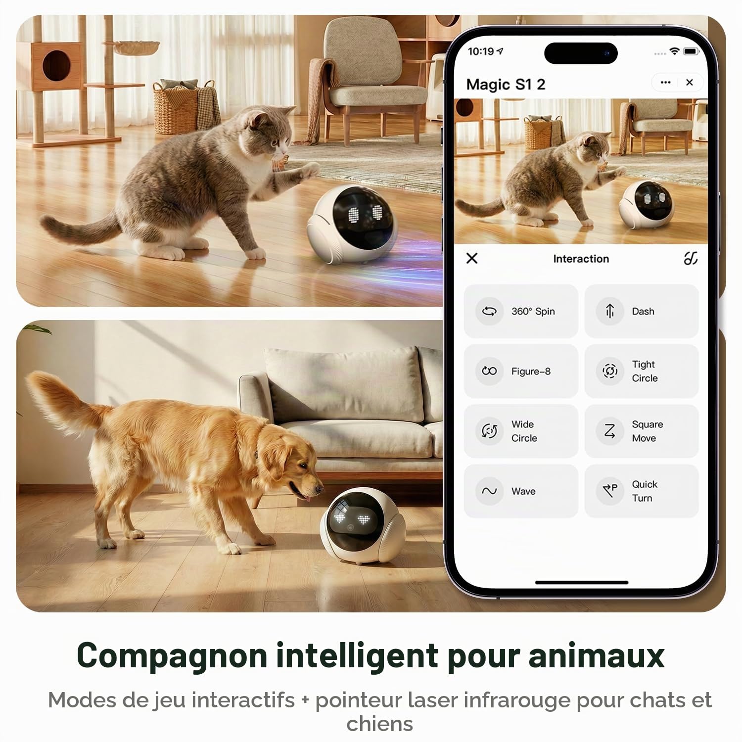 Caméra de sécurité intelligente mobile pour animaux de compagnie pour la maison, surveillance mobile 1080P pour chiens et chats, communication bidirectionnelle, vision nocturne, alimentée par