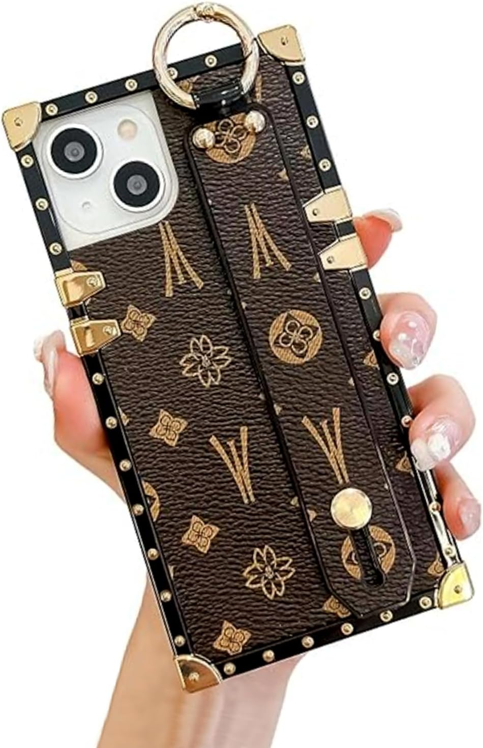 Compatible with iPhone 13/14 Case Leather Rectangle,Protective Luxury Designer Case for Women Girls,with Wrist Strap Kickstand Holder Cute Phone Cover for iPhone 14/13-6.1”(Brown)