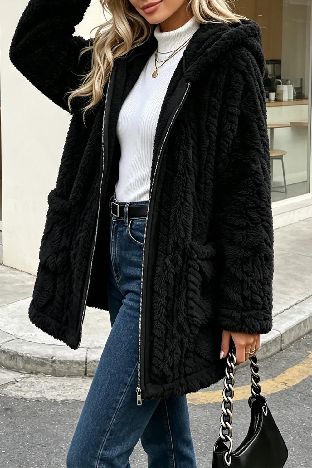 Manteau Teddy Polaire pour Femme, Veste d'Hiver en Peluche Chaud