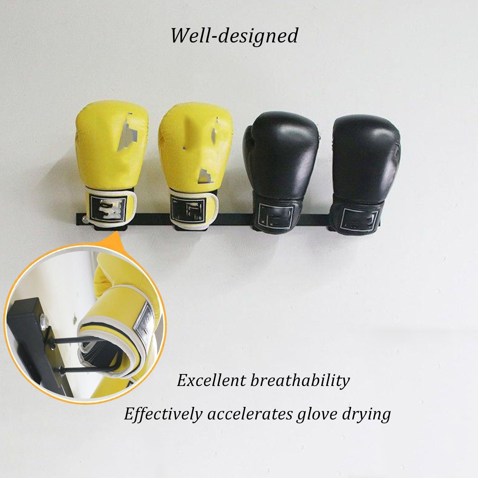 Soporte de pared para guantes de boxeo (capacidad para 2 o 3 pares) | Fabricado en acero; ideal para gimnasios, uso doméstico o tiendas(Black,2)