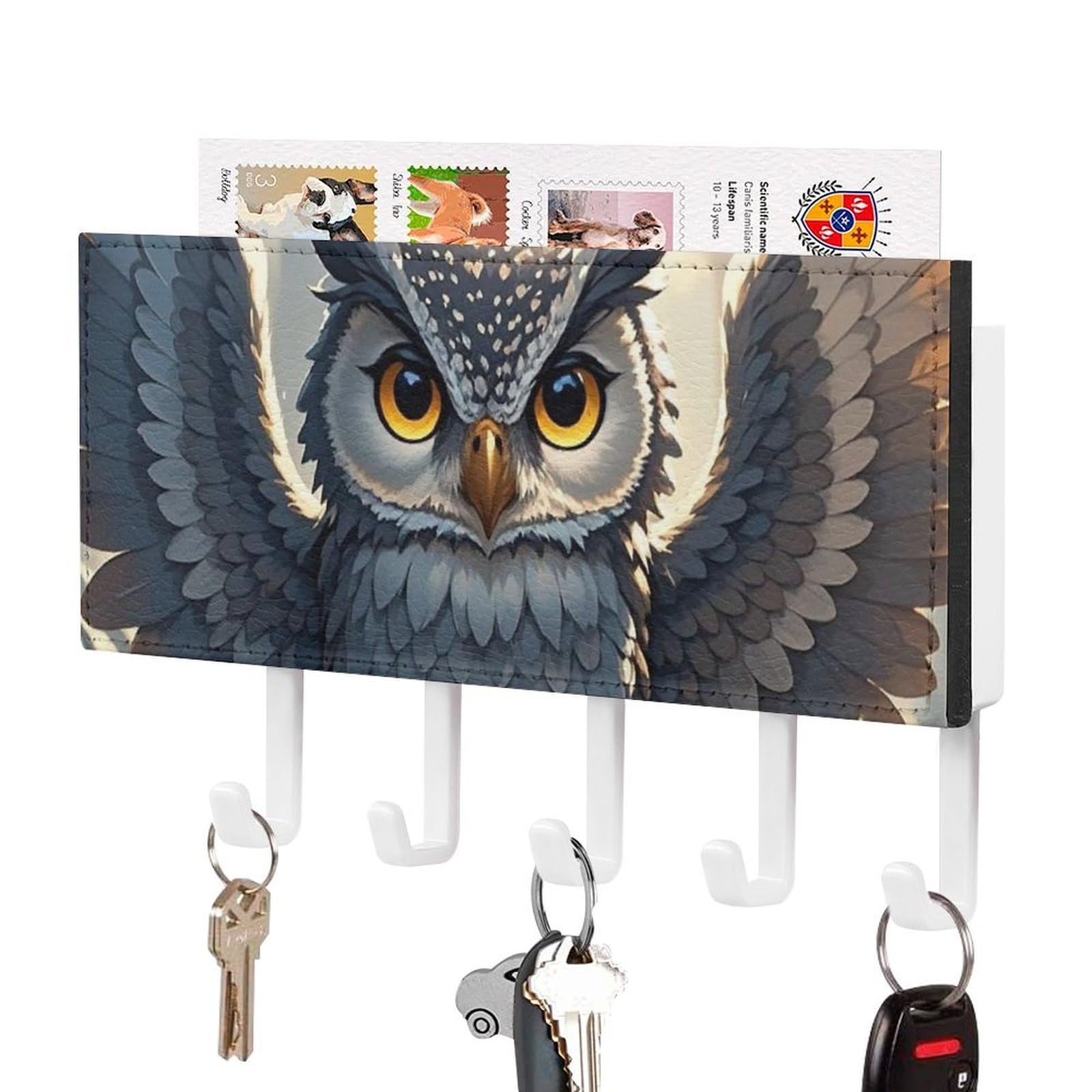 Fekiloot White-Style Anime Owl Key Holder Wall Mount Key Hanger With 5 Hooks Decorative Key Rack Hanging Key Hooks With Mail Organizer Key Holder For Wall Living Room Kitchen Bathroom Hallway White