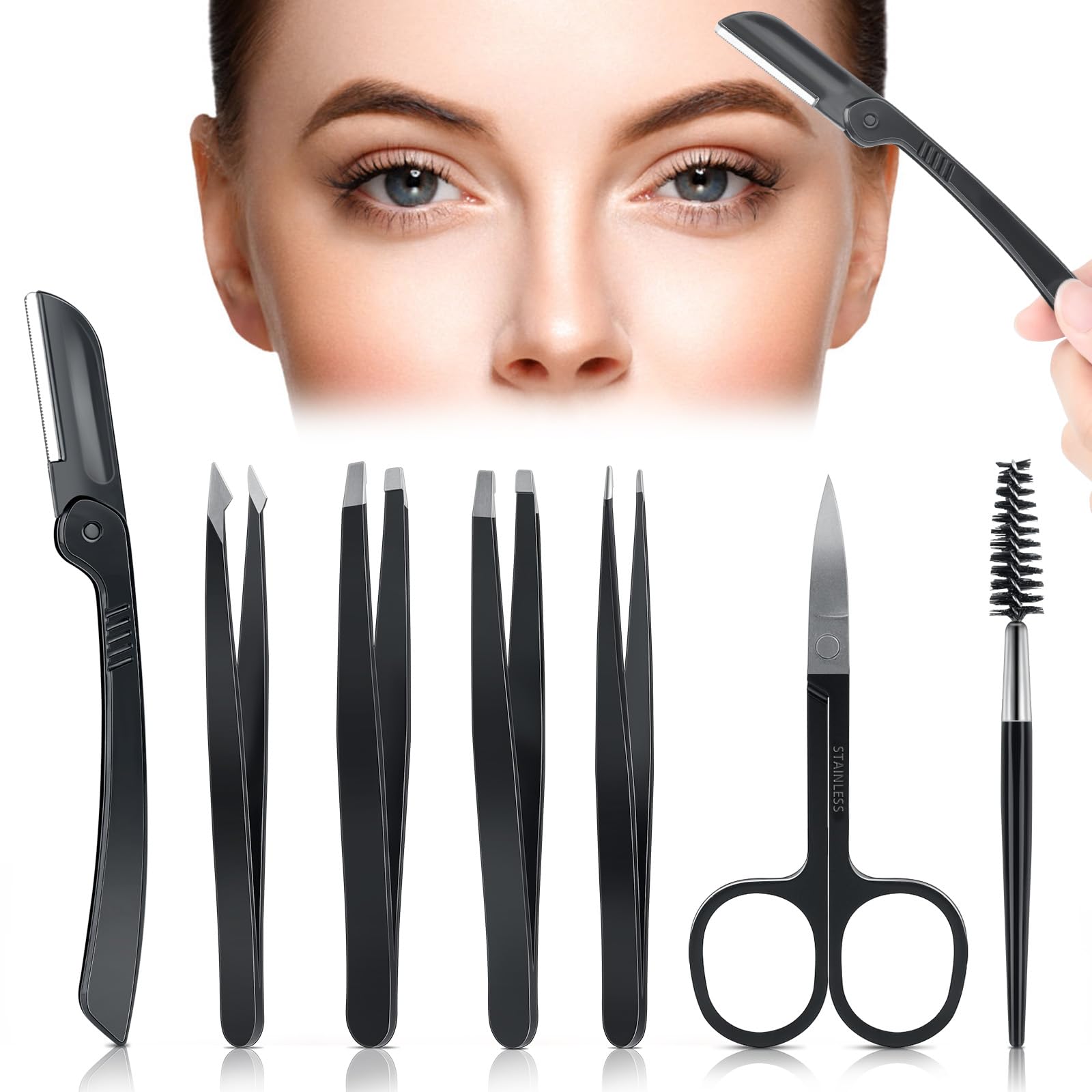 Pinzas Depilar Profesionales, Romon 7 Set Pinzas Cejas, Pinzas Depilar de Acero Inoxidable Para Pestañas, Vellos Encarnados, Vellos de Barba, Maquinillas de Afeitar Cejas para Mujeres y Hombres