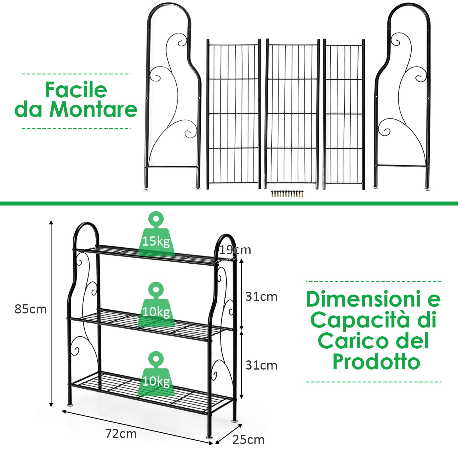 COSTWAY Porta Piante in Metallo a 3 Livelli, Scaffale Portavasi Interno ed Esterno con Elegante Motivo a Volute, Scaffale a Scala Multifunzionale per Casa, Giardino, Balcone e Corridoio