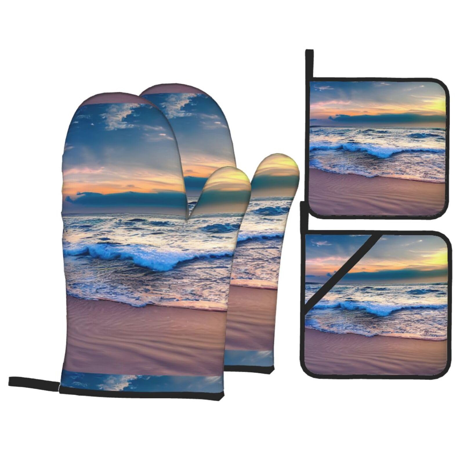 Serene Seaside Sunset Print Kitchen Oven Mitts And Pot Holders Set,Hanging Loop Design For Cooking Baking Bbq
