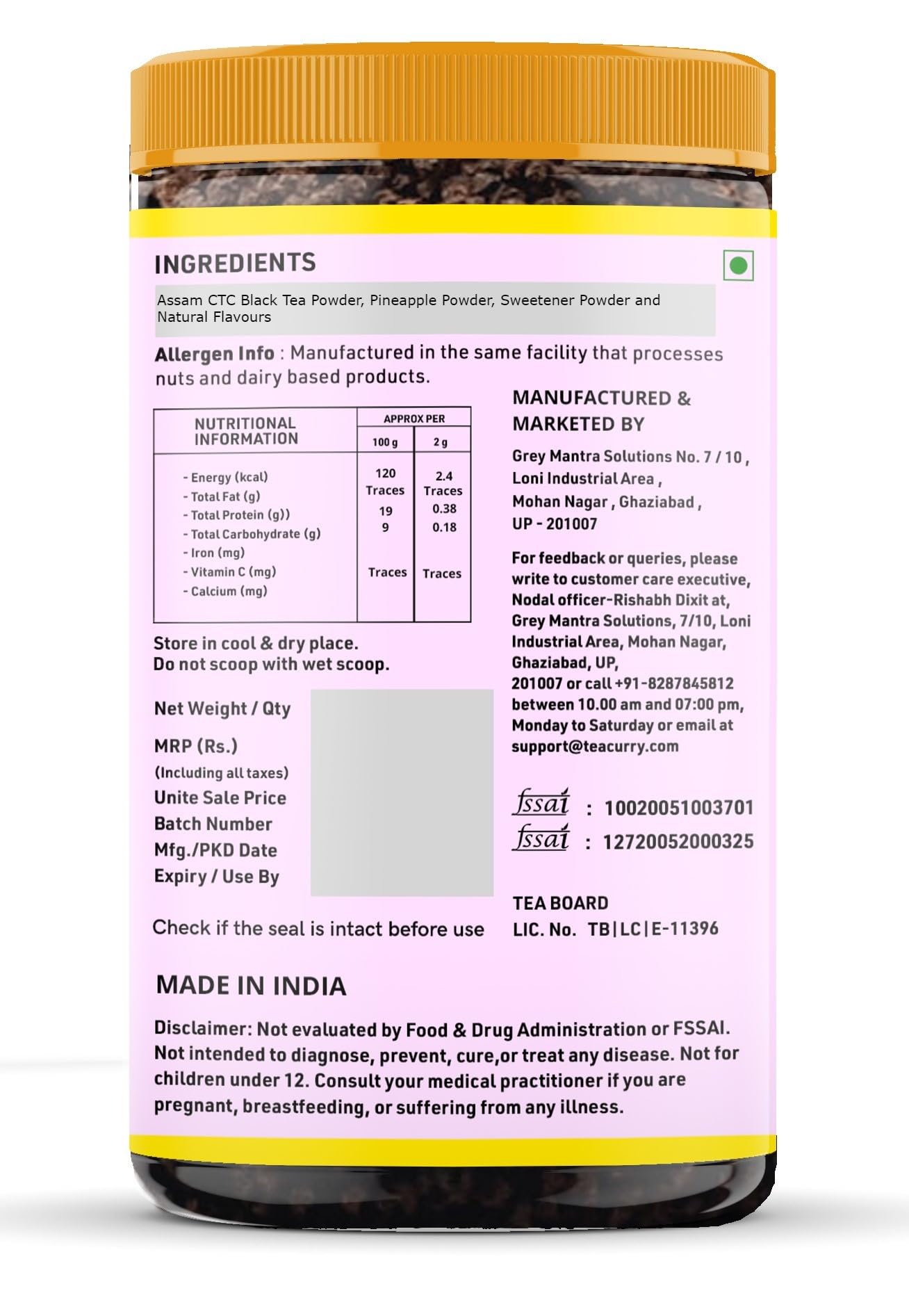 Teacurry Pineapple Instant Iced Tea Mix (160 Gram) - Ice Brew, Cold Brew, Strong and Highly Flavourful, No Artificial Ingredients - Instant Ice Tea Powder with Natural Pineapple Flavour - Image 2 thumbnail