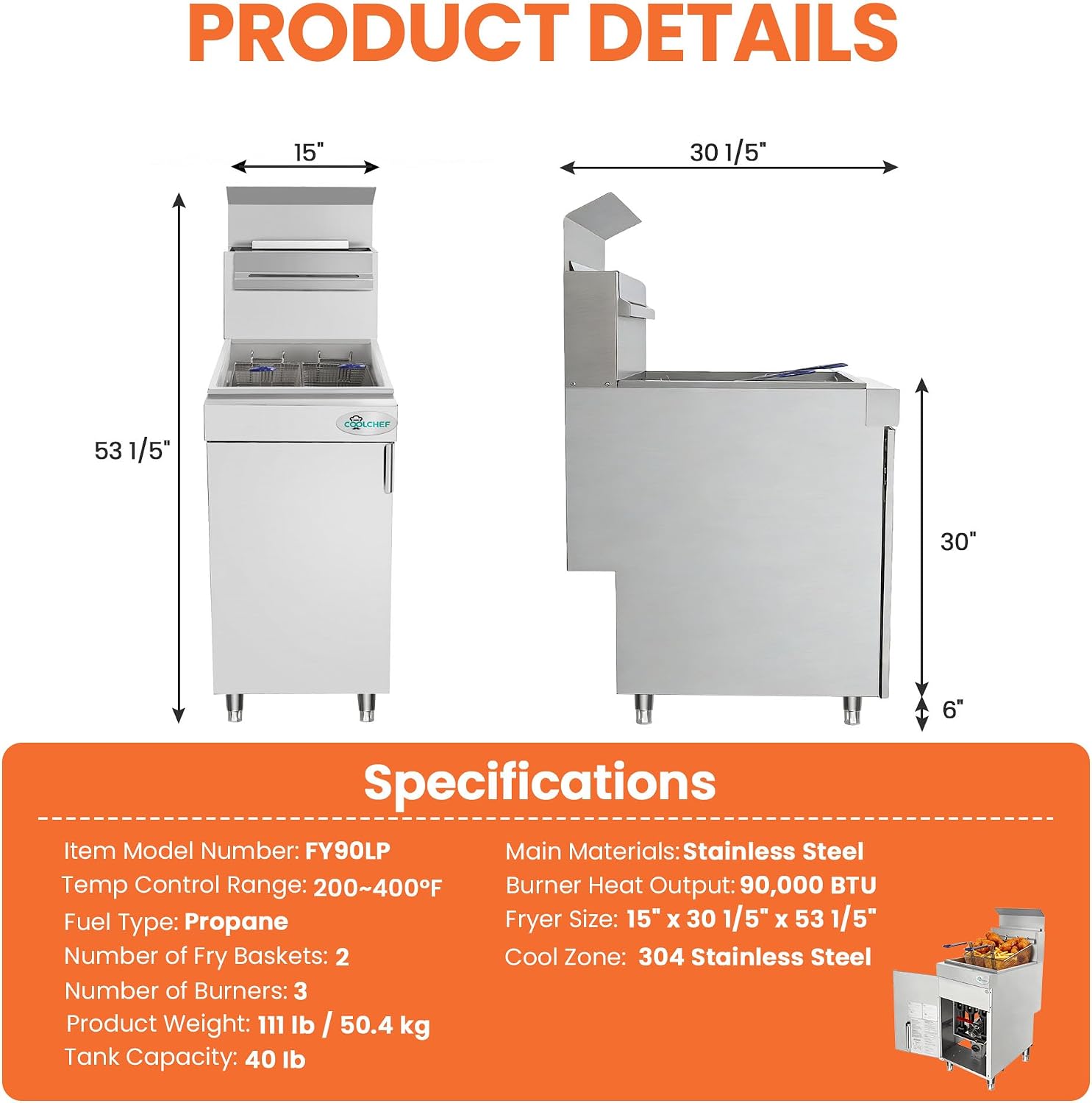 3-Tube Commercial Propane Gas Deep Fryer 90,000 BTU – 40lbs Oil Capacity Restaurant LP Gas Fryer, Thermostat Control 200°F-400°F, ETL