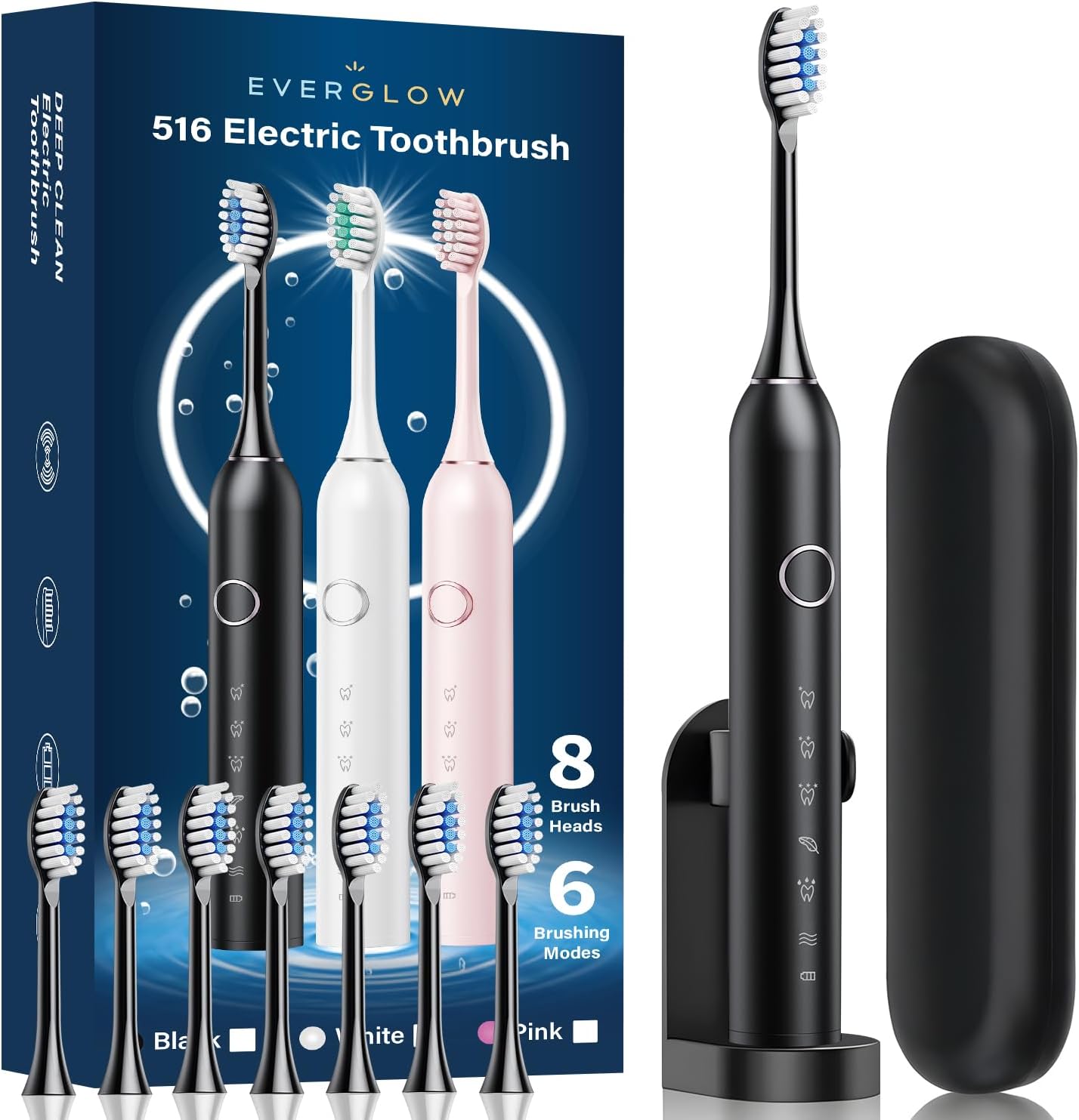 EVERGLOW Electric Toothbrush for Adults and Kids - Rechargeable Power Toothbrush with 8 Brush Heads, Holder & Travel Case, 6 Cleaning Modes, IP67 Waterproof, USB-C Fast Charge for 45 Days Use - Black