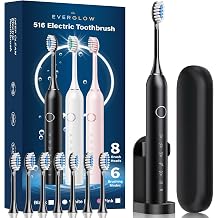 EVERGLOW Electric Toothbrush for Adults and Kids - Rechargeable Power Toothbrush with 8 Brush Heads, Holder &amp; Travel Case, 6 Cleaning Modes, IP67 Waterproof, USB-C Fast Charge for 45 Days Use - Black