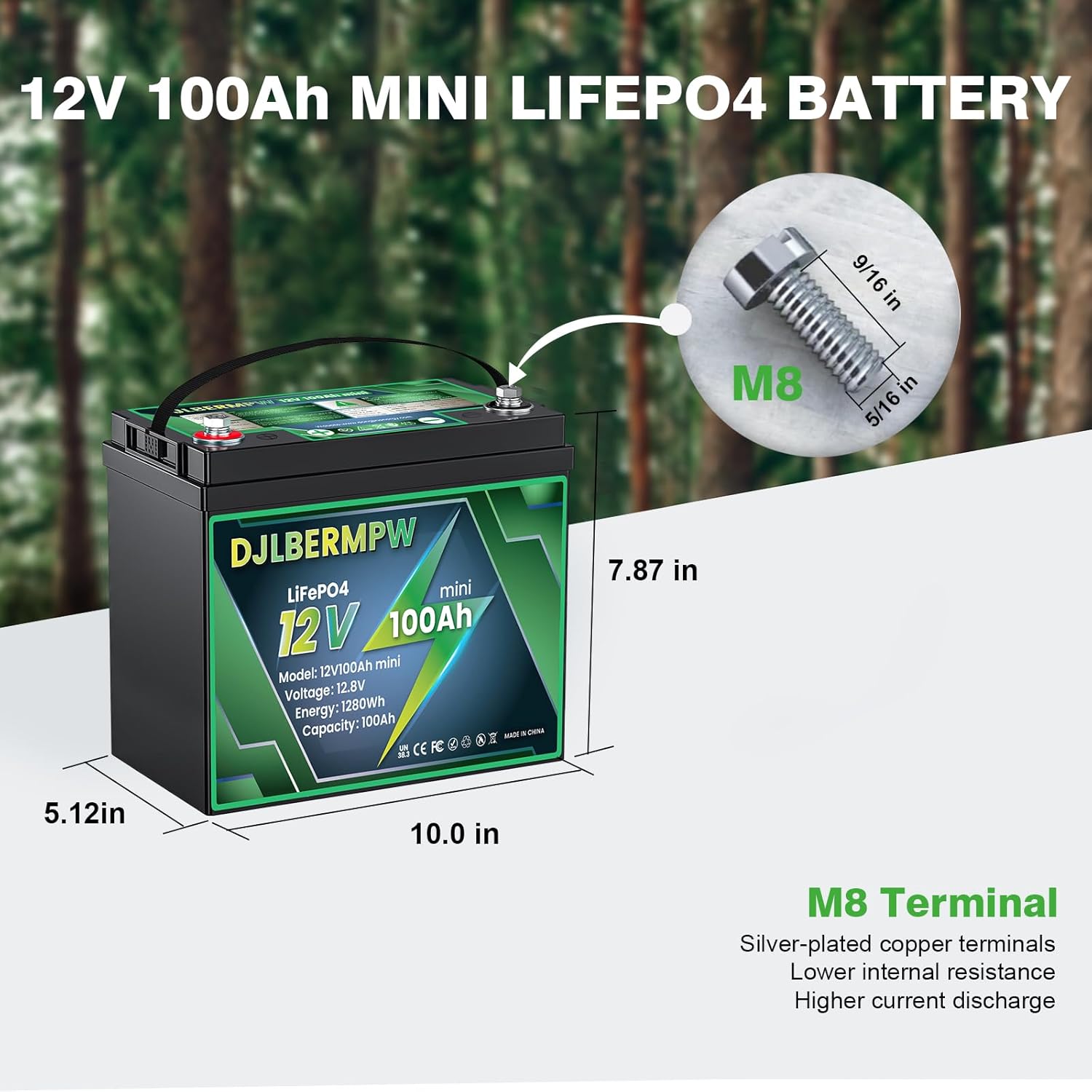 12V 100Ah Mini LiFePO4 Battery, Deep Cycle Lithium Battery with Upgraded 100A BMS, 1280Wh Energy, Up to 15000 Cycles 10-Year Lifespan for RV, Marine, Solar, Trolling Motor, Camping, Off-Grid