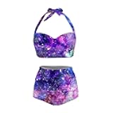 Annejudy Women Two Piece Bikini Set Swimsuit Halter Ruched High Waist Bikini with Bottom