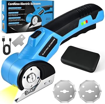 Cordless Electric Scissors | Cardboard Cutter Electric with LED Light & 3 Blades | 4V 2000mAh Rechargeable Box Cutter with Safety Lock | Electric Fabric Scissor Heavy Duty for Cardboard Carpet Leather