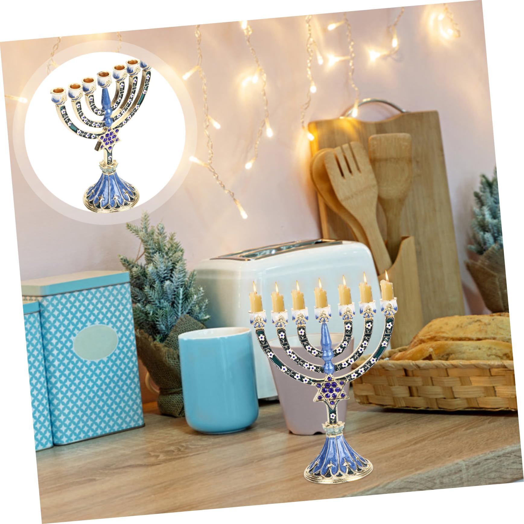 Candelabro de 7 Brazos de Aleación Azul, Estilo Vintage Religioso
