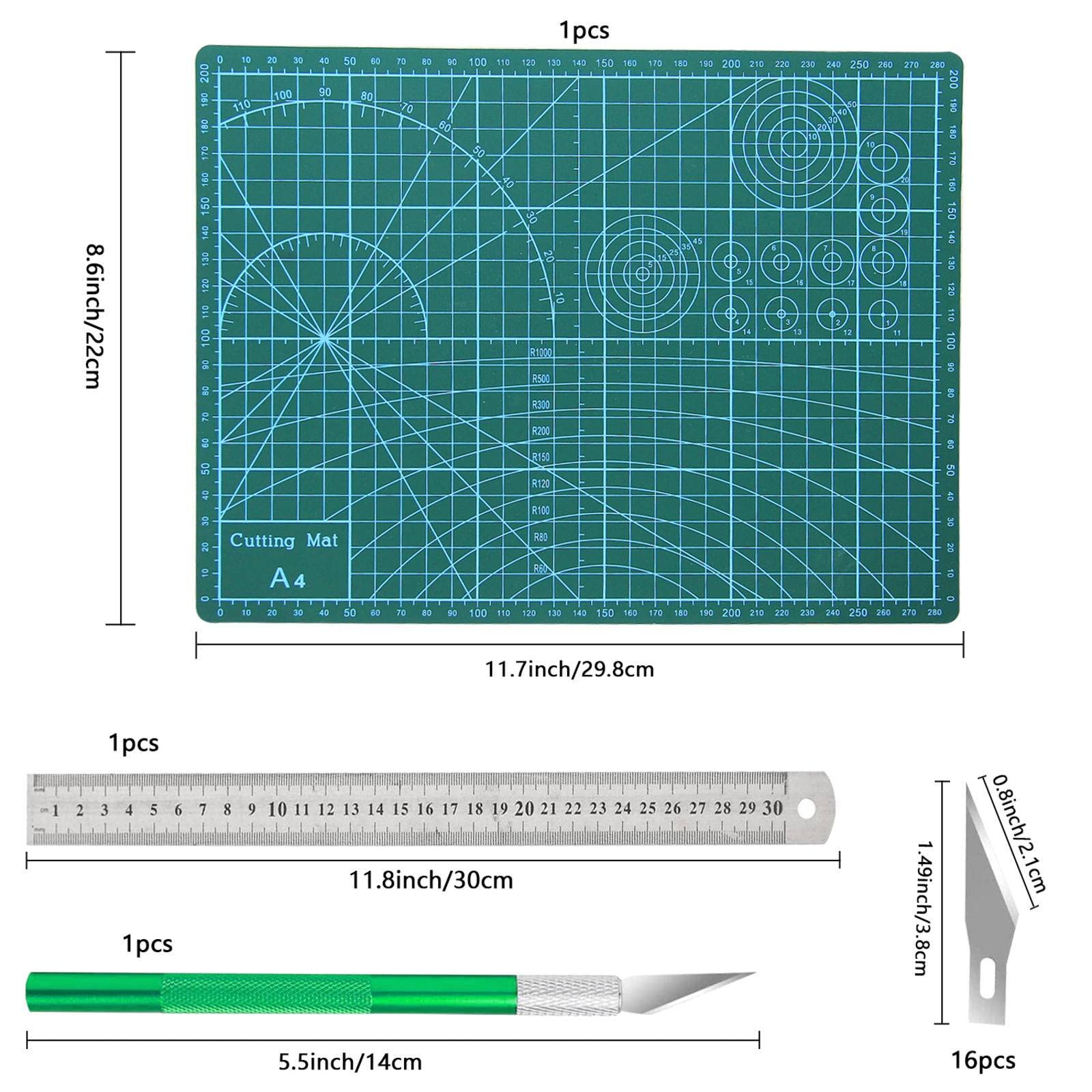 16stk Schneidematte Set, Selbstheilende Bastelunterlage Mat mit Schnitzmesser, A4 Cutting Mat/Bastelmesser und Stahllineal Grün/für Handrückenbretter, Mauspads, Schreiben