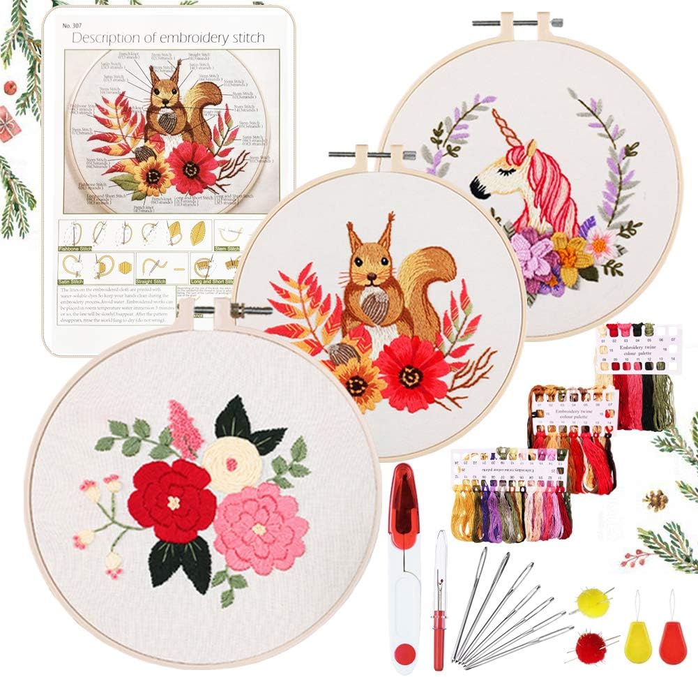 YINVA 25Pcs Embroidery Starter Kit,Hand Embroidery Kits,Kids Embroidery Kit,Unicorn Animal Embroidery Pattern Including Cross Stitch Set Instructions Hoops Floss Thread Fabric Needles for Beginners