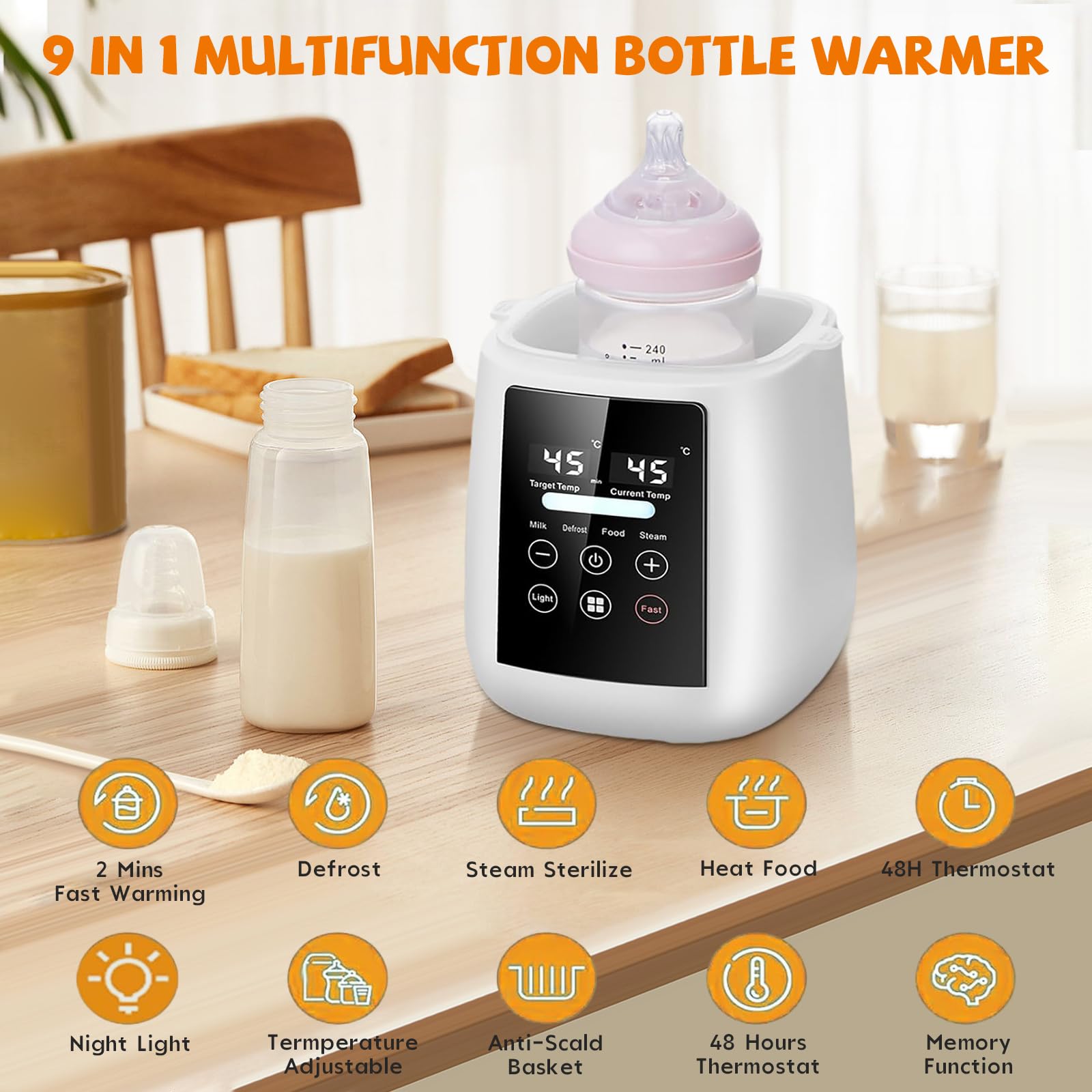 Flaschenwärmer Baby 9 in 1 Sterilisator für Babyflaschen - Babykostwärmer mit Temperatur - mit LCD Display und Nachtlicht, BPA-Freier Fast Babynahrungsheizung Auftauen Voreinstellungen, Weiß