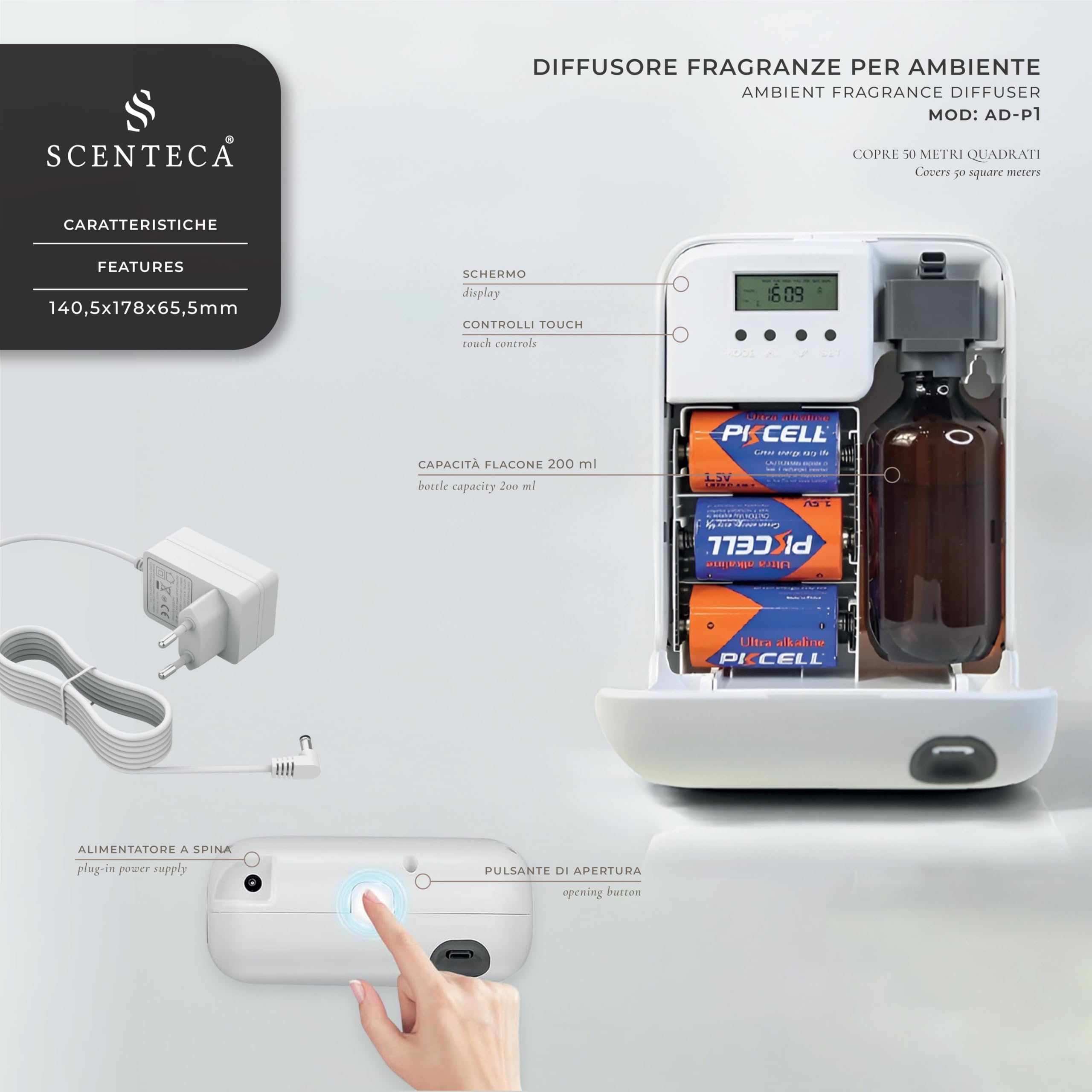 SCENTECA Diffusore elettrico di oli essenziali AD-P1, fragranza Summer Scent 100 ml Inclusa, nebulizzazione senza acqua, programmabile via app, copertura fino a 50 m²