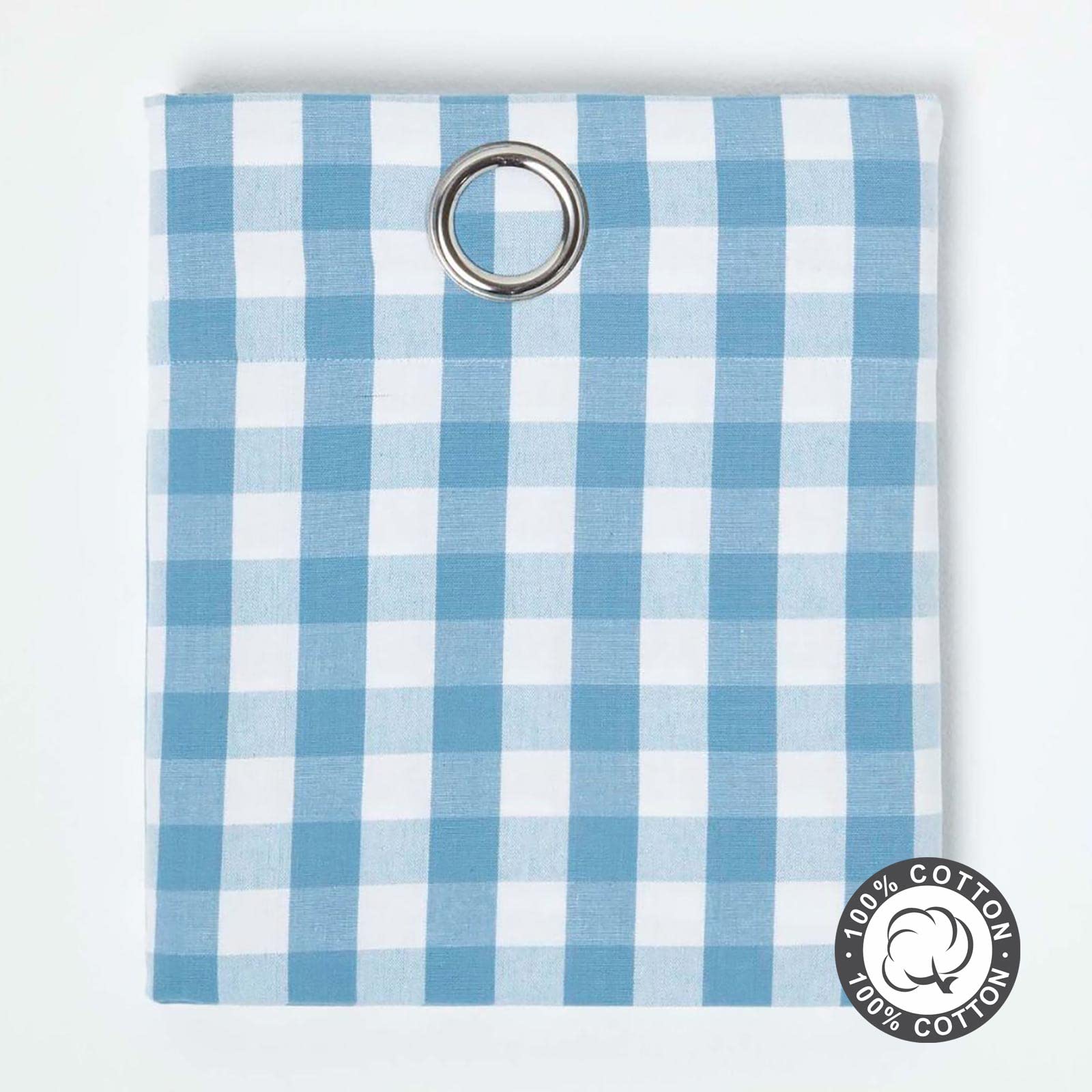 HOMESCAPES – Paire de Rideaux à œillets 100% Coton – Grand Carreaux Vichy Bleu – Prêt à Poser 137 x 228 cm