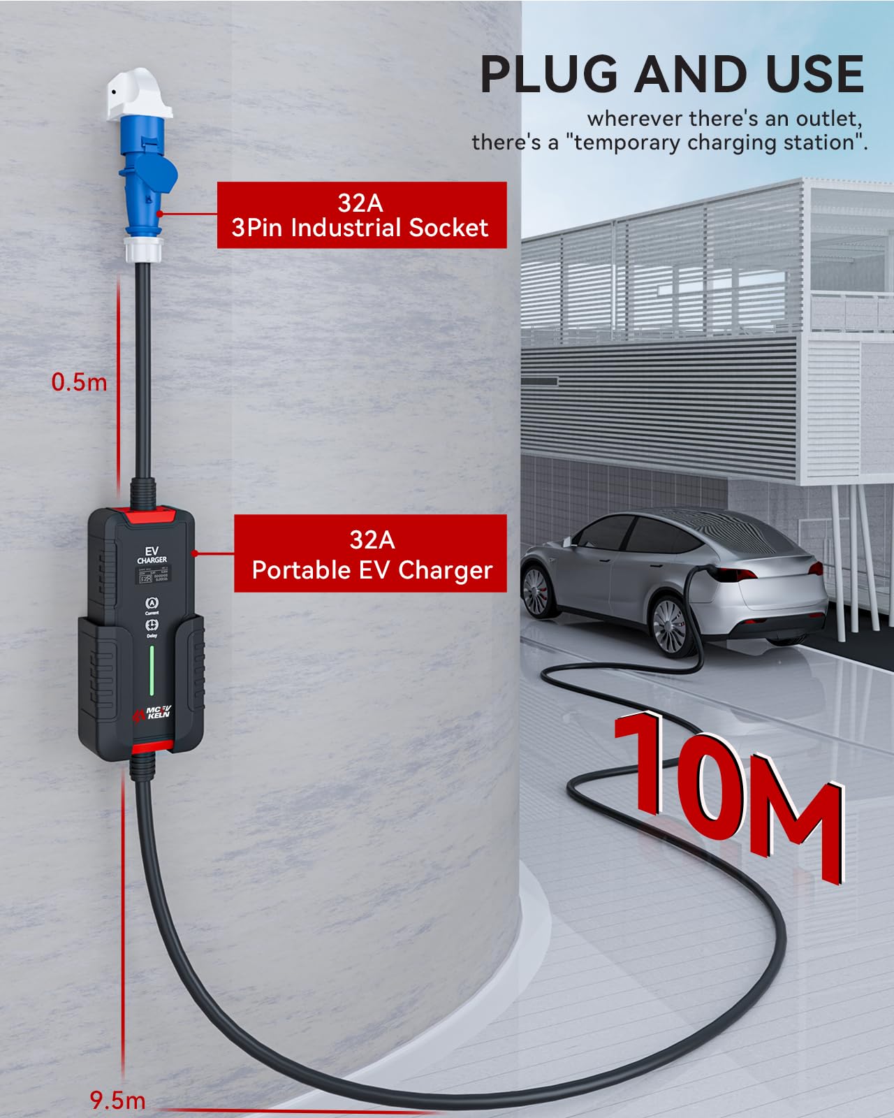 MCEVKELN EV Caricatore Tipo 2 7KW, 10M Cavo Ricarica Auto Elettrica Tipo 2 CEE(3Pin) con Scatola Commutabile 6-32A, 10M EV Charger Portatile IEC 62196-2 Stazione Caricabatterie EV