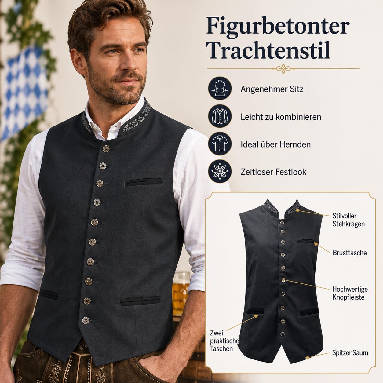 Generisch Trachtenweste Herren - Oktoberfest Ärmellos Trachten Weste Trachtenmode Gilet Große Größen Trachtengilet Elegant Anzugweste Edel Festanzug für Hochzeit Musik Anlass
