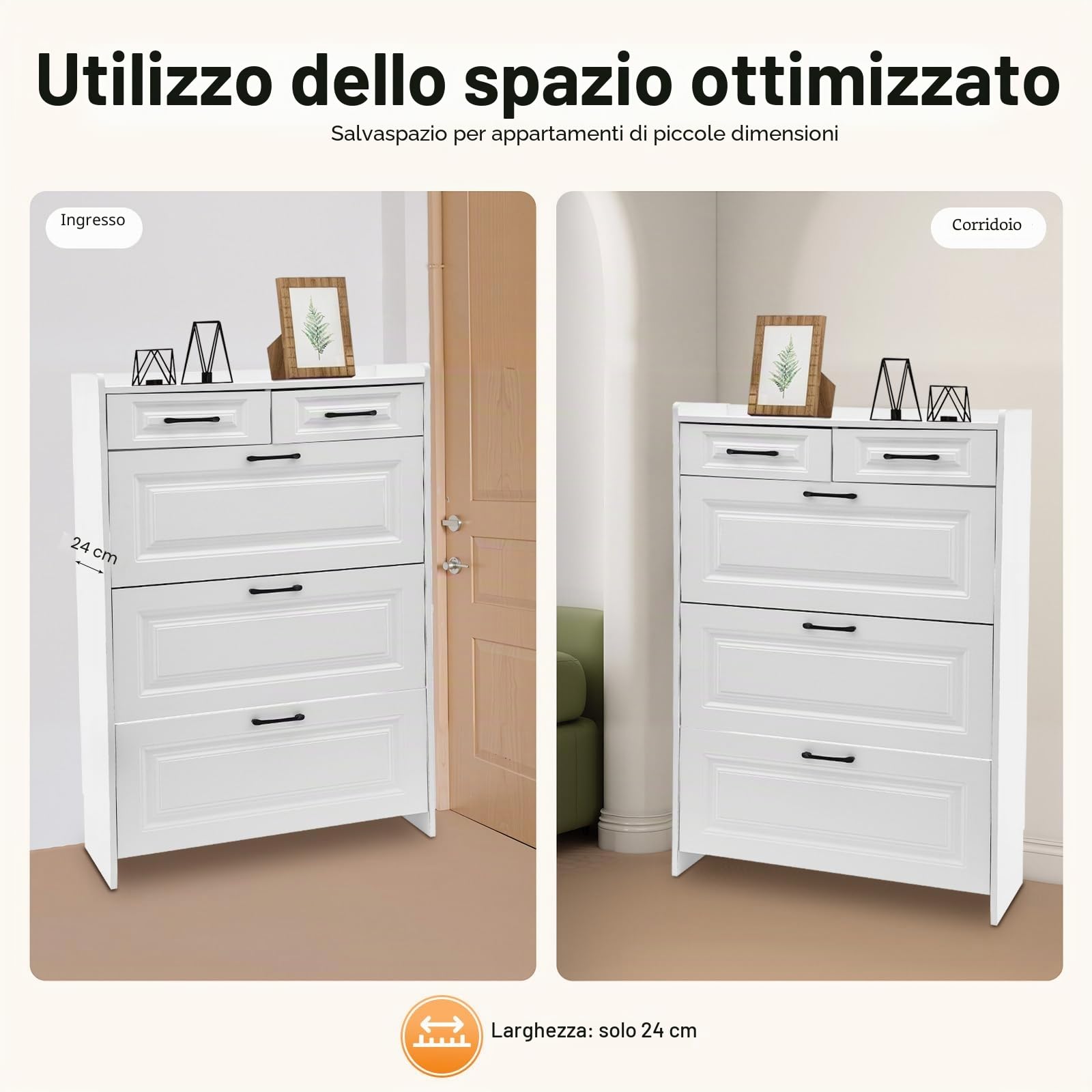 Scarpiera con 2 cassetti, scarpiera sottile, divisorio regolabile, per 16-20 paia di scarpe, guide silenziose, per corridoio, soggiorno e corridoio, 80 x 24 x 120 cm, bianco