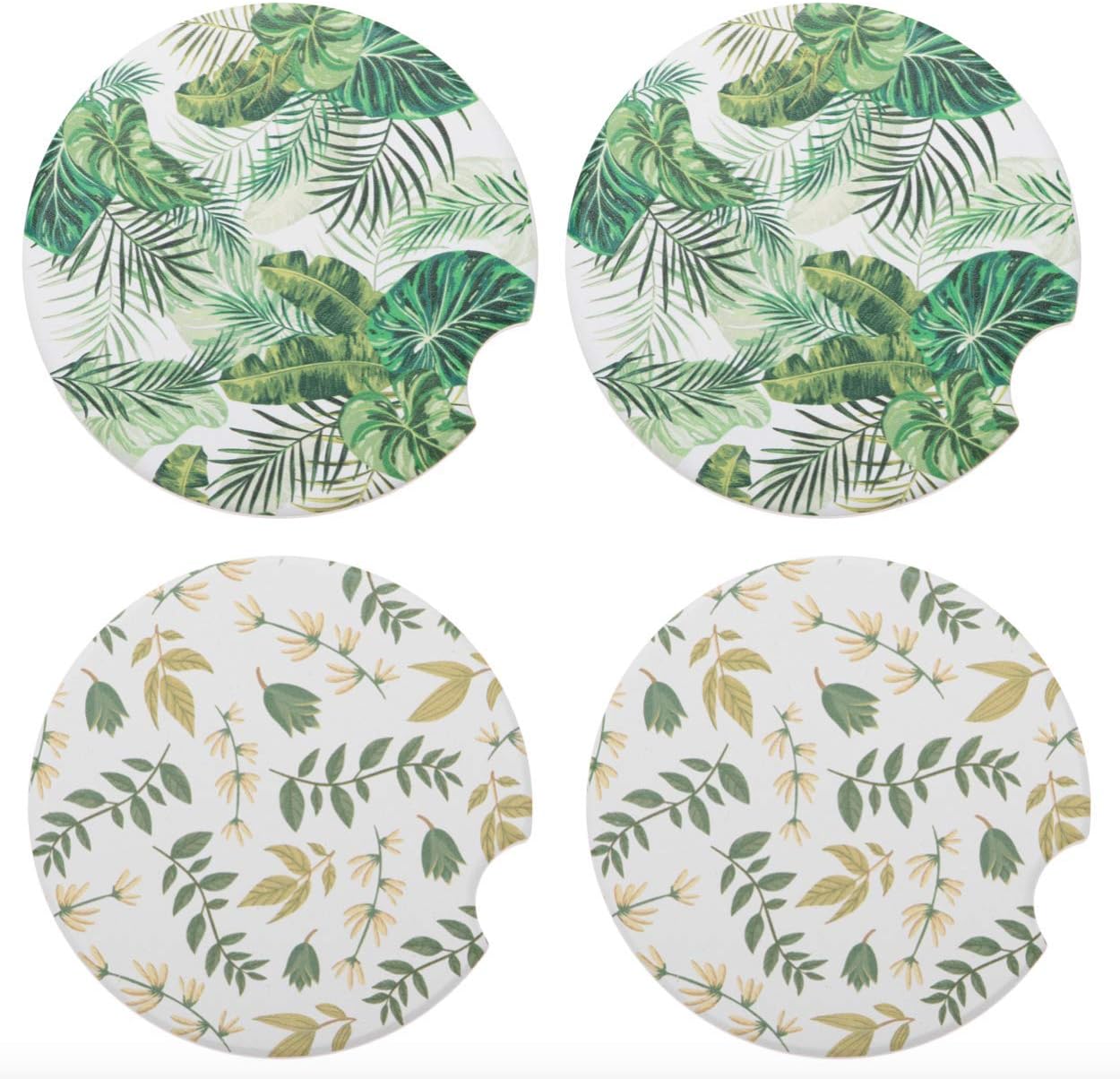 Avamie Car Coasters 4 Pack, Car Cup Holder Coasters, Absorbent Ceramic Stone Coasters for Car, 2.56 inch, Greenery Green Leaves Botanical Plants Design for Men and Women