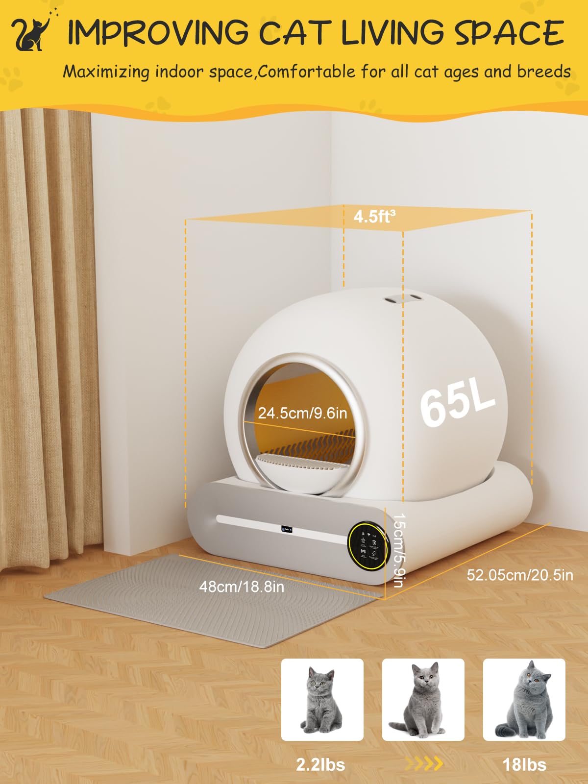 Zelfreinigende Kattenbak, 65l 9l Slimme Automatische Kattenbak Met Grote Capaciteit Met Dubbele Sensor, App-Bediening Intelligente Kattenbak, Ionogene Deodorant/Infraroodsensor