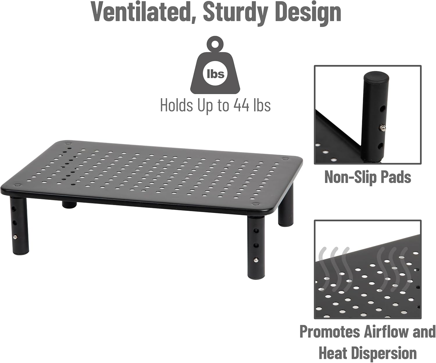 Mind Reader Monitor Stand, Height Adjustable, Ventilated Laptop Riser, Office, Metal, 36.8L x 23.5W x 14H cm, Black - Image 6